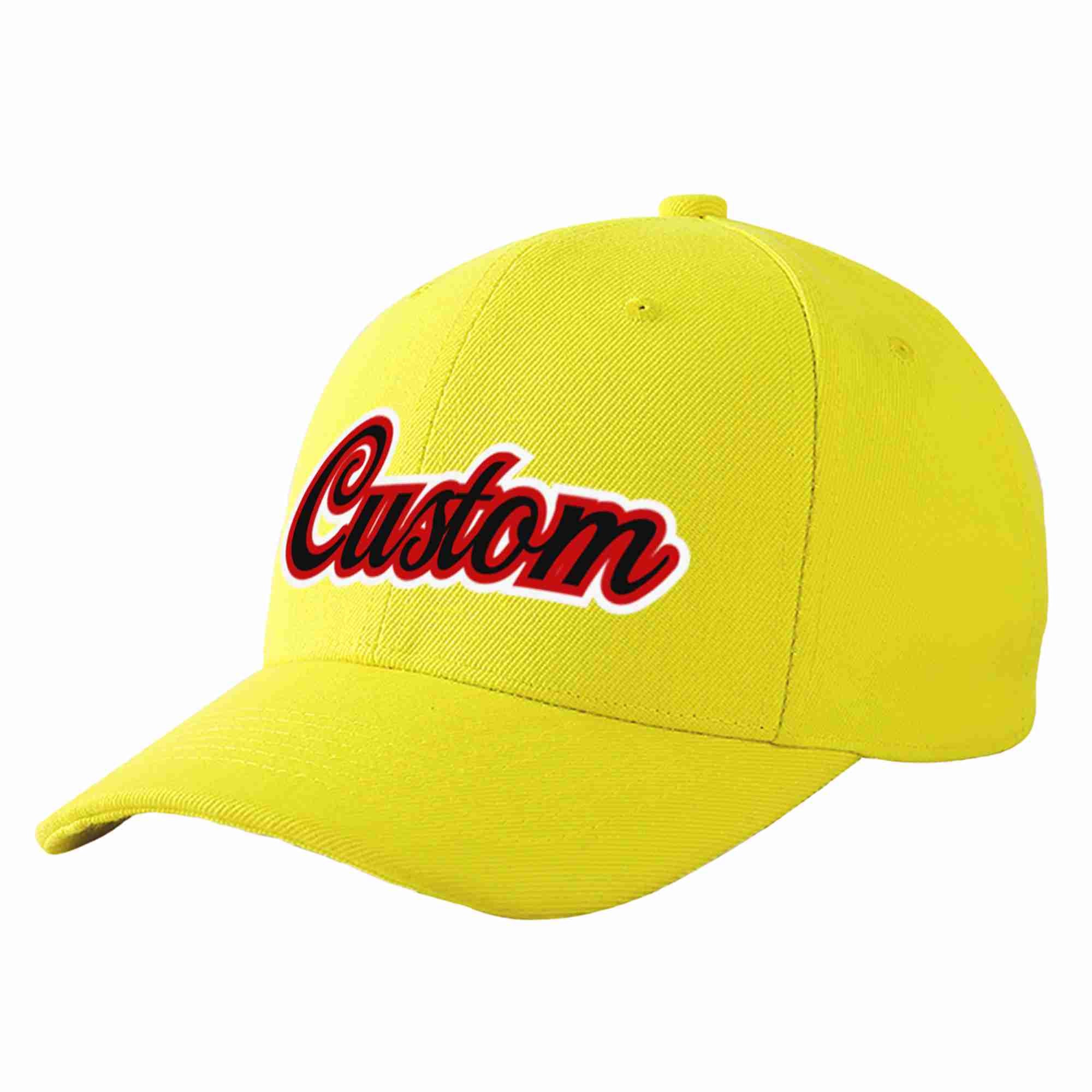 Conception personnalisée de casquette de baseball de sport incurvée jaune noir-rouge pour hommes/femmes/jeunes