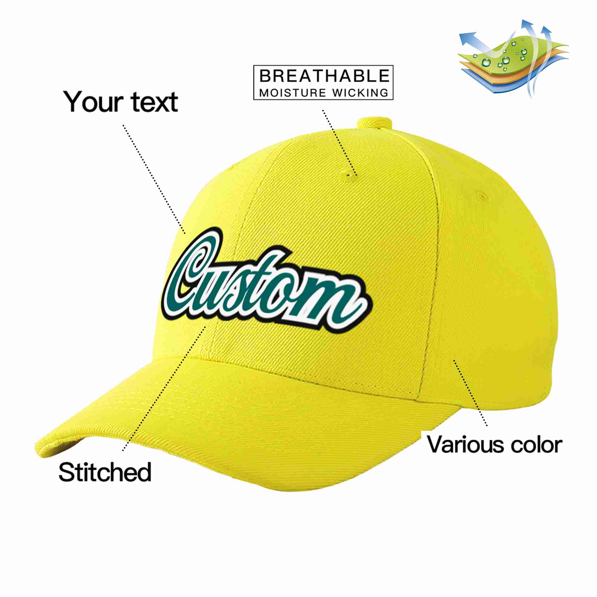 Conception personnalisée de casquette de baseball de sport courbée jaune aqua-blanc pour hommes/femmes/jeunes