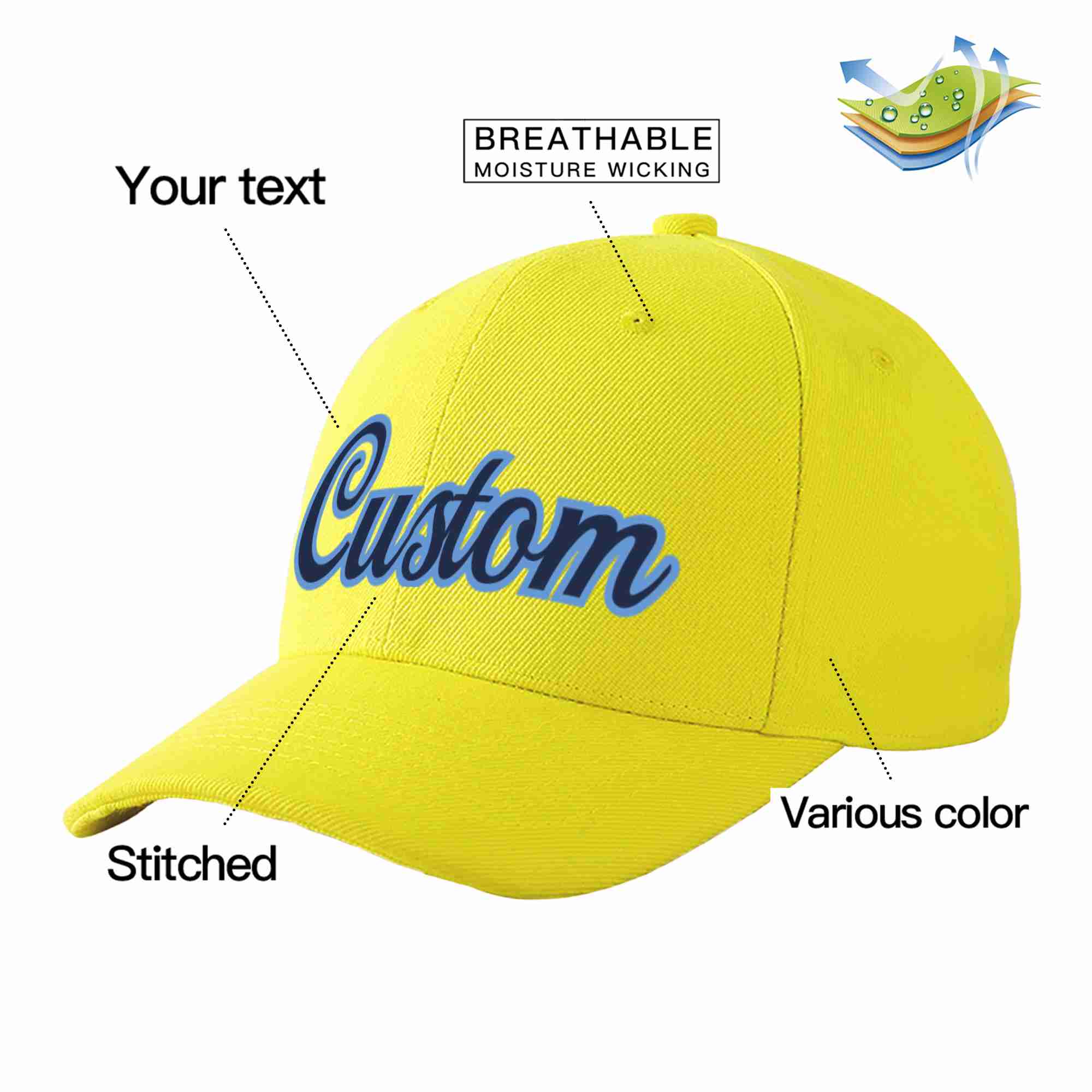 Custom Yellow Navy-Light Blue Curved Eaves Sport Baseball Cap Design for Men/Women/Youth