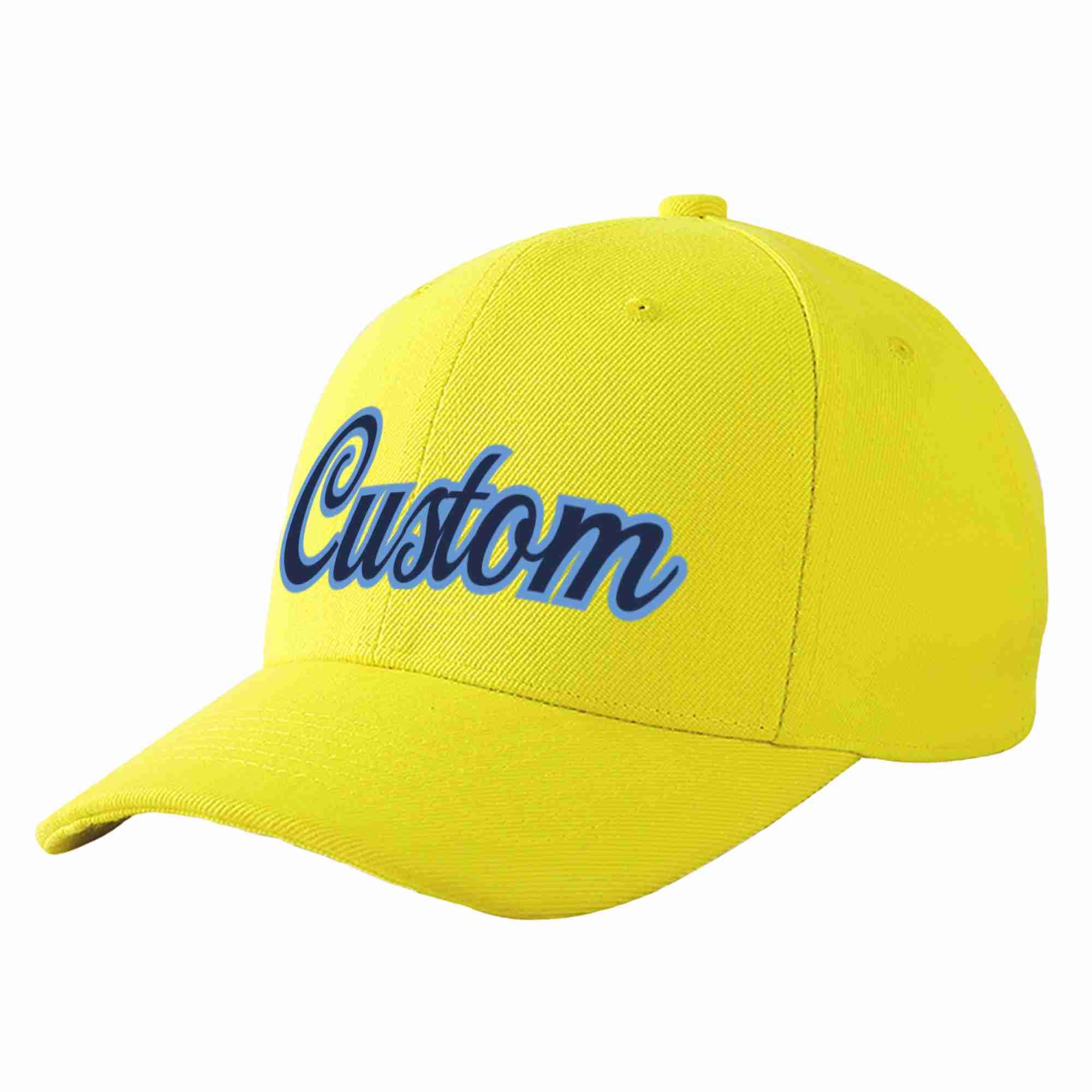 Conception personnalisée de casquette de baseball de sport incurvée jaune marine-bleu clair pour hommes/femmes/jeunes