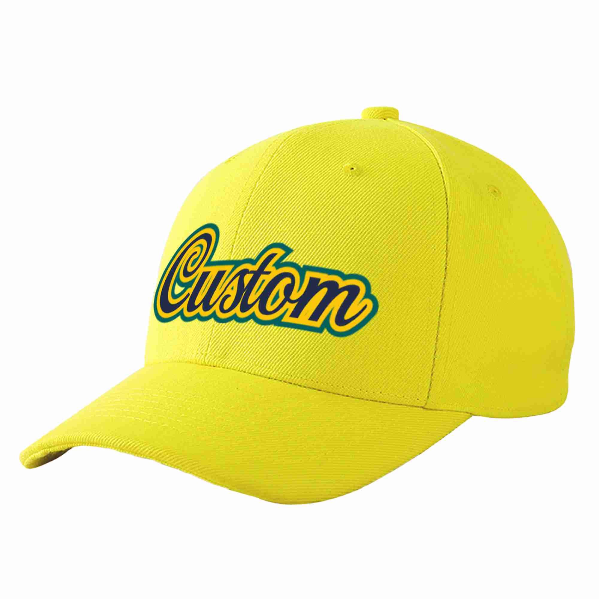 Conception personnalisée de casquette de baseball de sport incurvée jaune marine-or pour hommes/femmes/jeunes