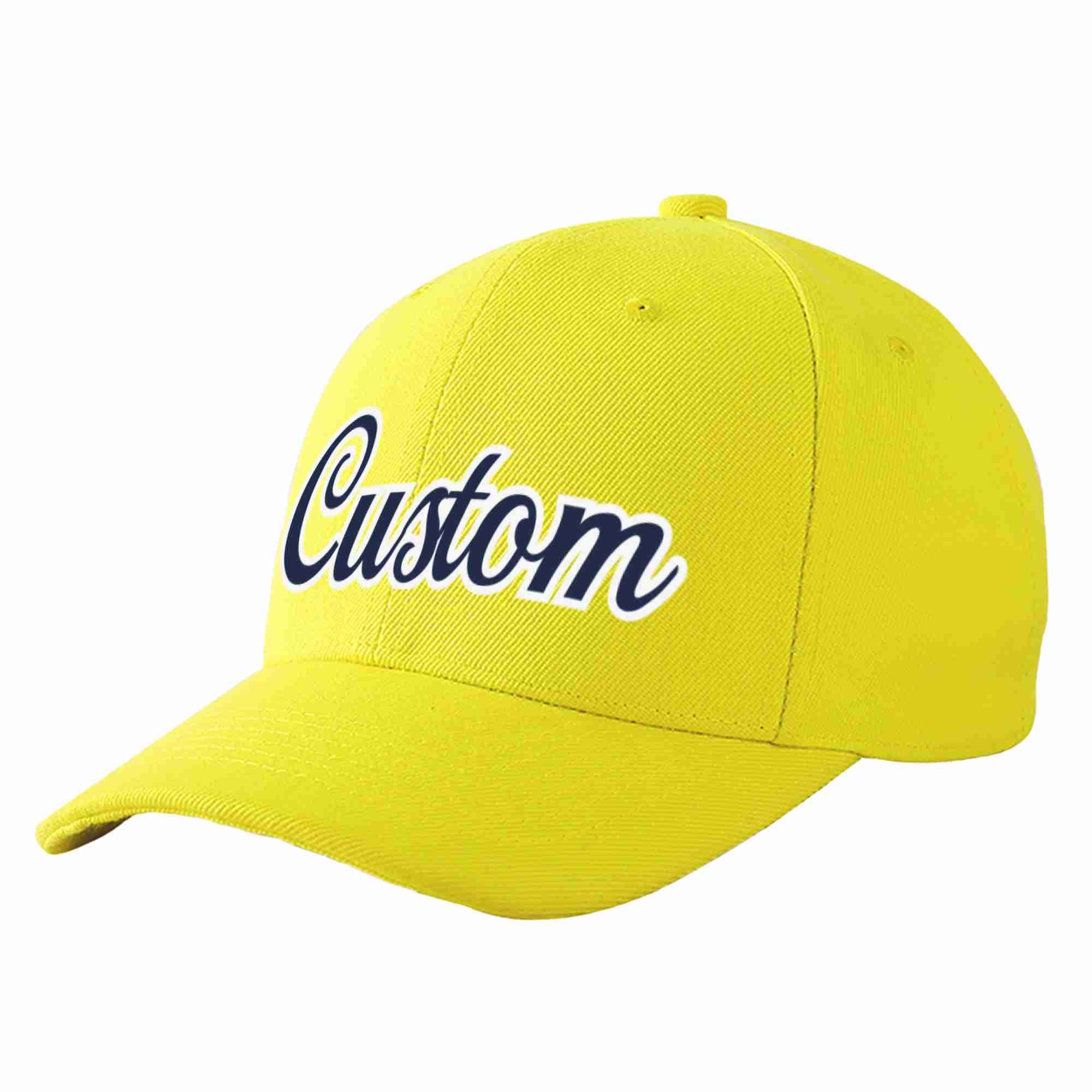 Conception personnalisée de casquette de baseball de sport incurvée jaune marine-blanc pour hommes/femmes/jeunes