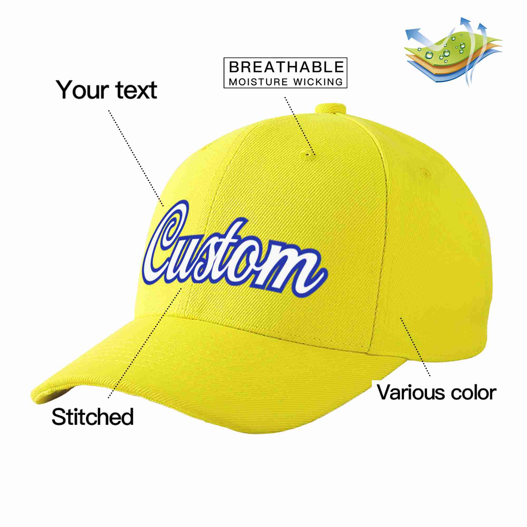 Conception personnalisée de casquette de baseball de sport courbée jaune blanc-royal pour hommes/femmes/jeunes