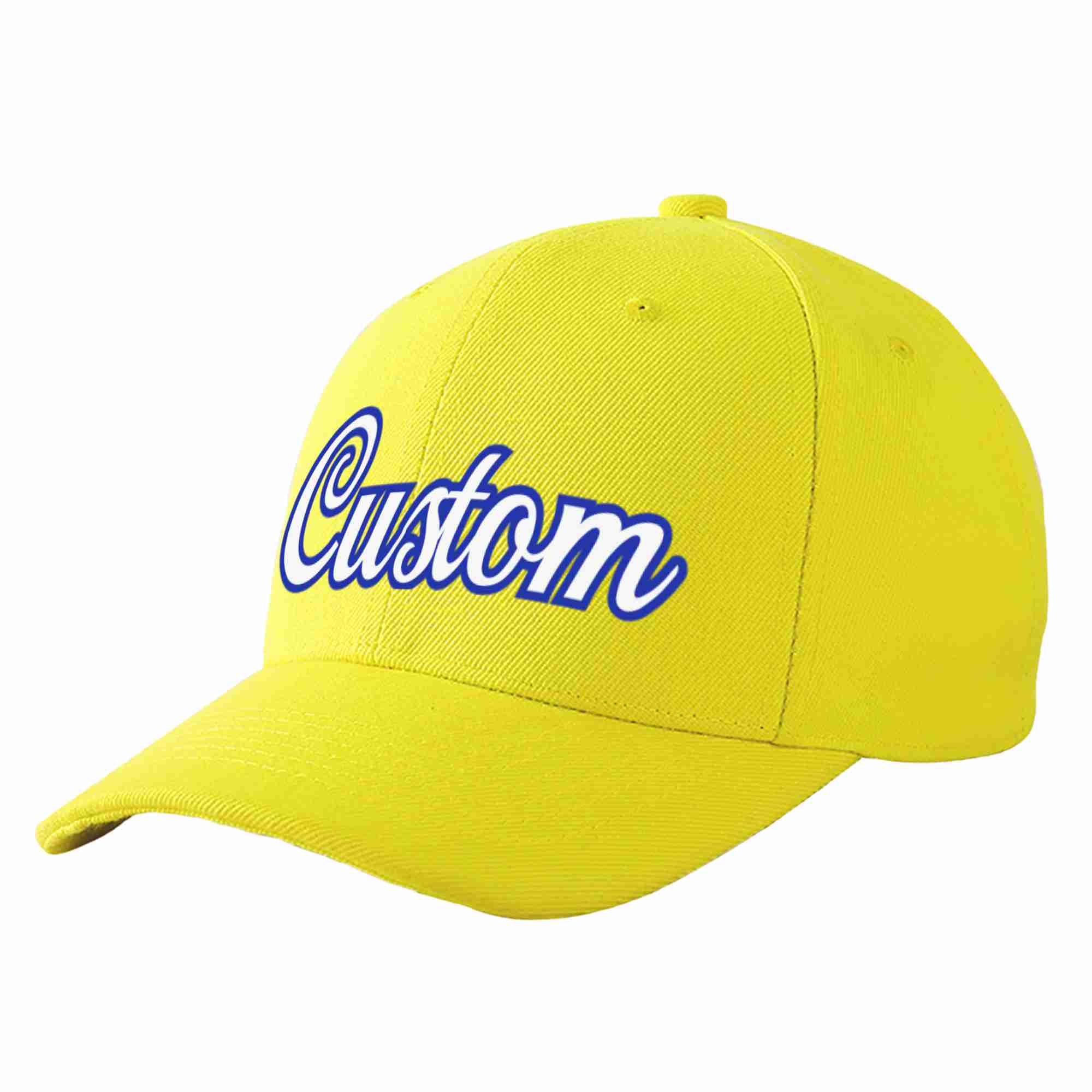 Conception personnalisée de casquette de baseball de sport courbée jaune blanc-royal pour hommes/femmes/jeunes