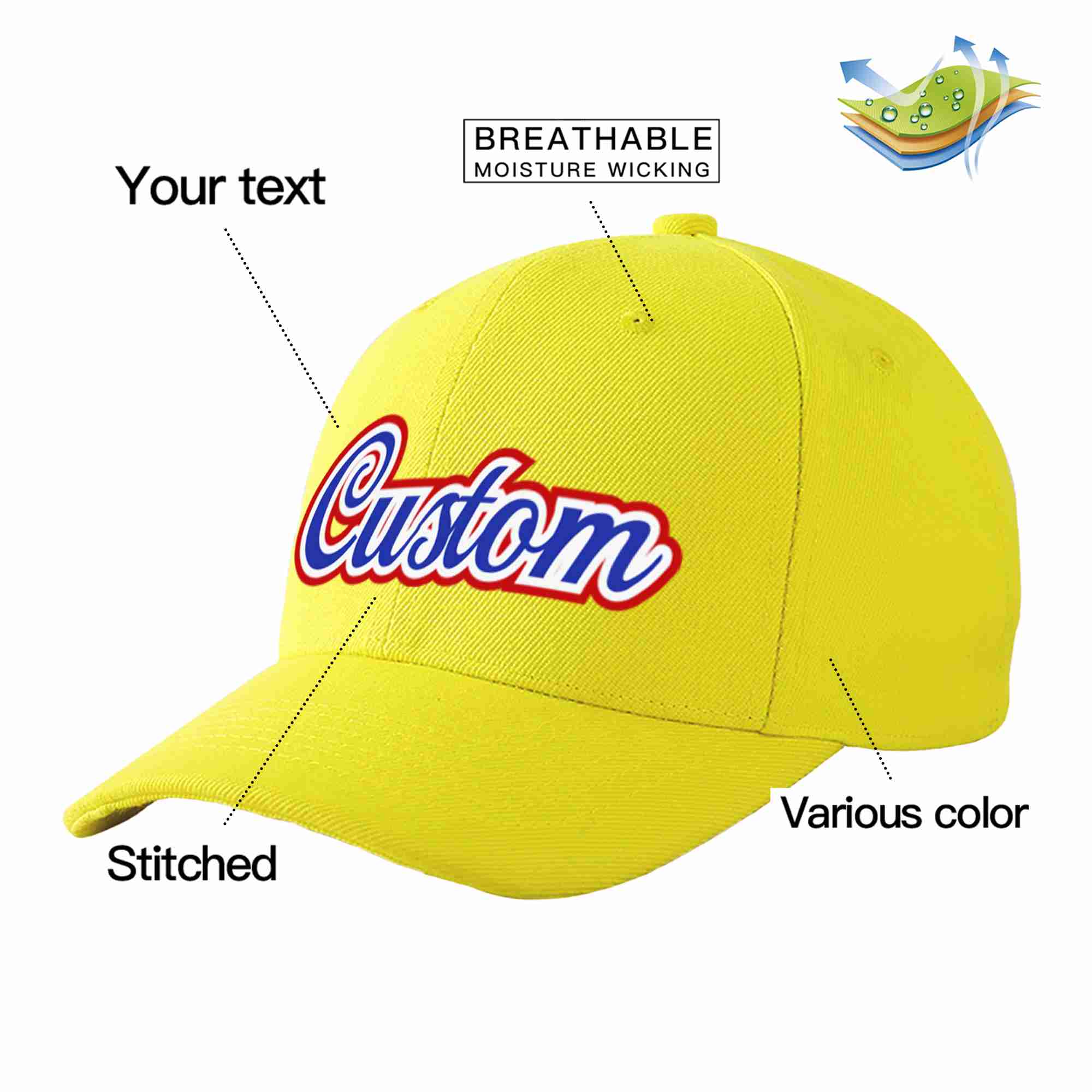 Conception personnalisée de casquette de baseball de sport incurvée jaune royal-blanc pour hommes/femmes/jeunes