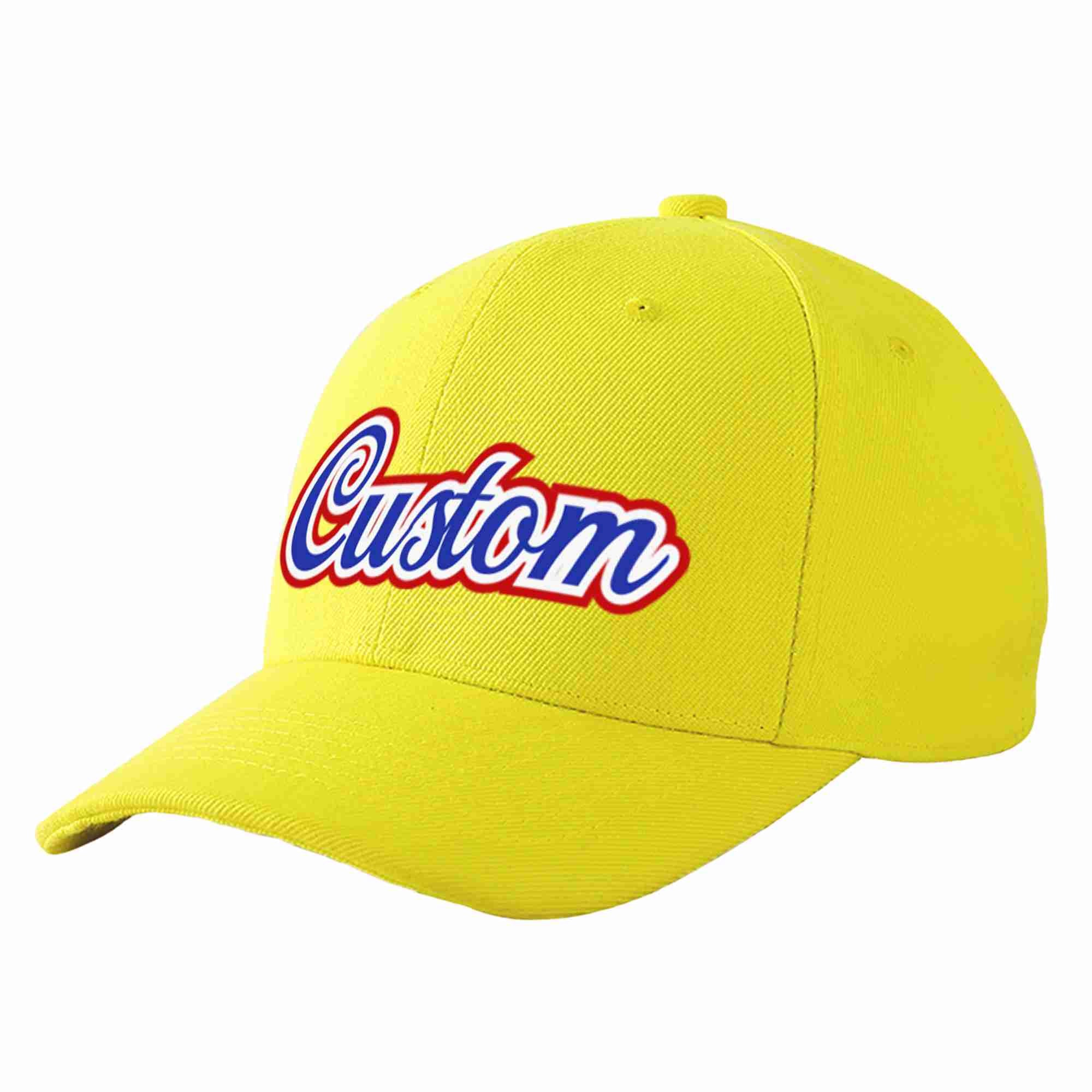 Conception personnalisée de casquette de baseball de sport incurvée jaune royal-blanc pour hommes/femmes/jeunes