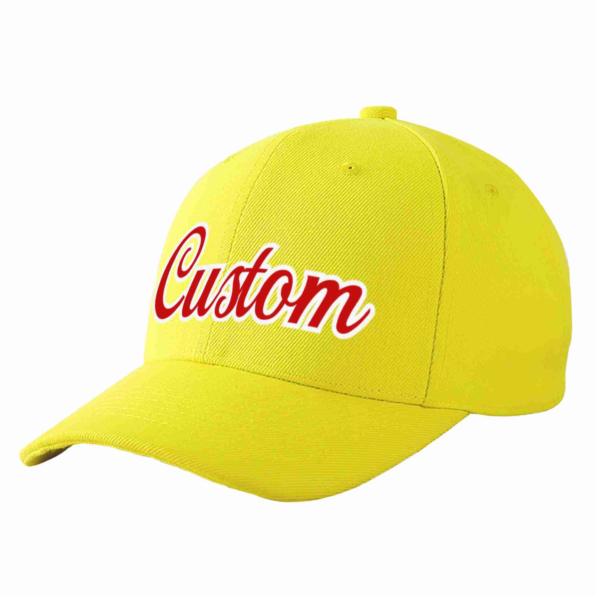 Conception personnalisée de casquette de baseball de sport incurvée jaune rouge-blanc pour hommes/femmes/jeunes