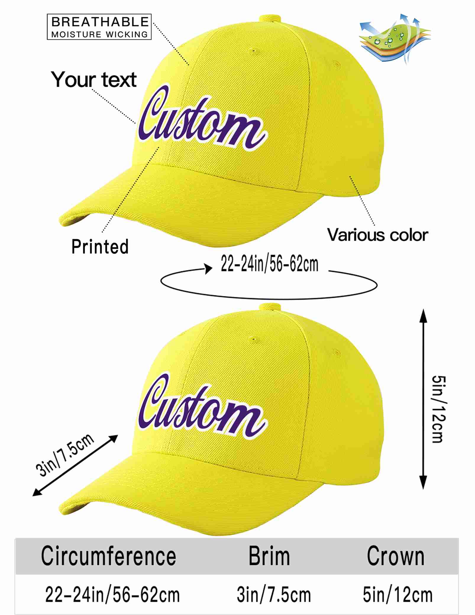 Conception personnalisée de casquette de baseball de sport incurvée jaune violet-blanc pour hommes/femmes/jeunes