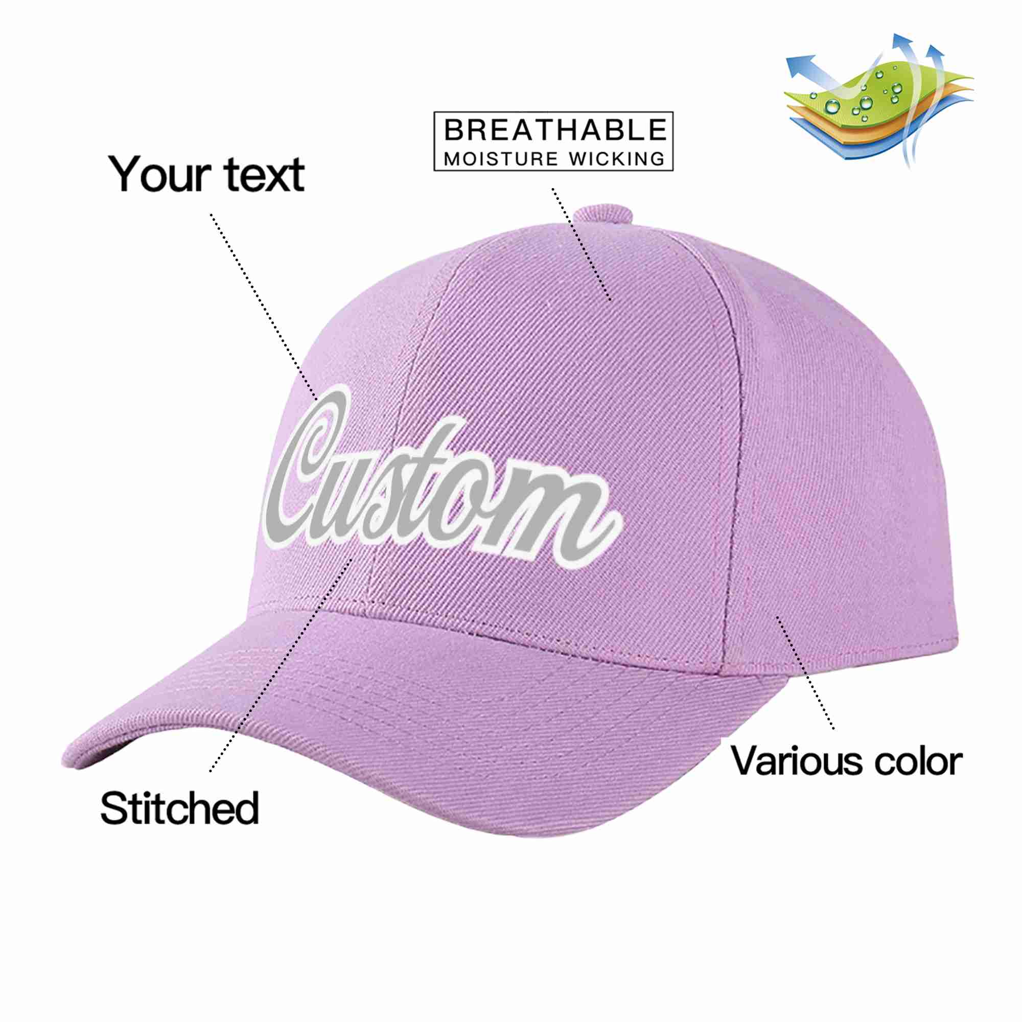 Conception personnalisée de casquette de baseball de sport incurvée violet clair gris-blanc pour hommes/femmes/jeunes