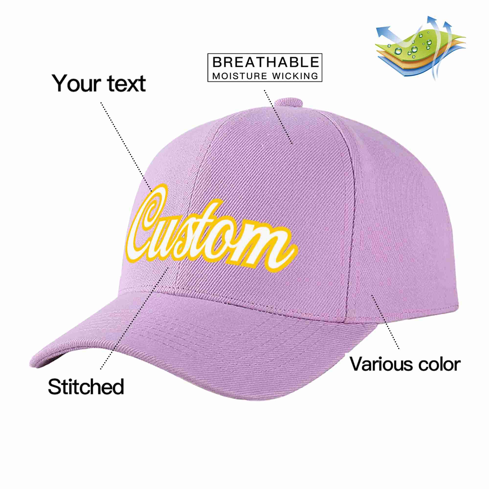 Custom Light Purple White-Gold Curved Eaves Sport Baseball Cap Design for Men/Women/Youth