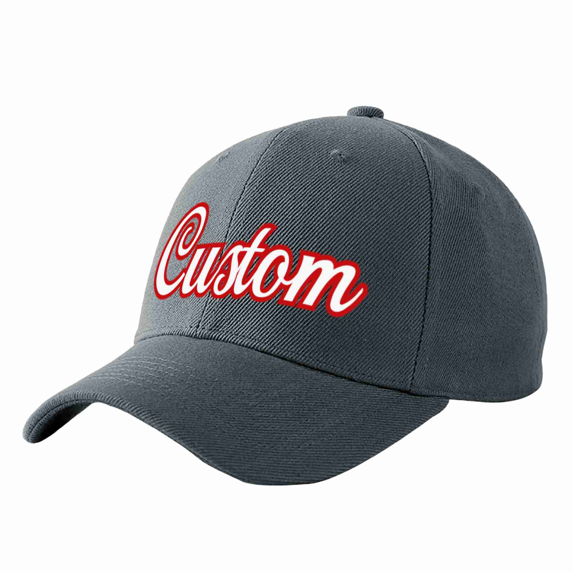 Conception personnalisée de casquette de baseball de sport incurvée gris foncé blanc-rouge pour hommes/femmes/jeunes