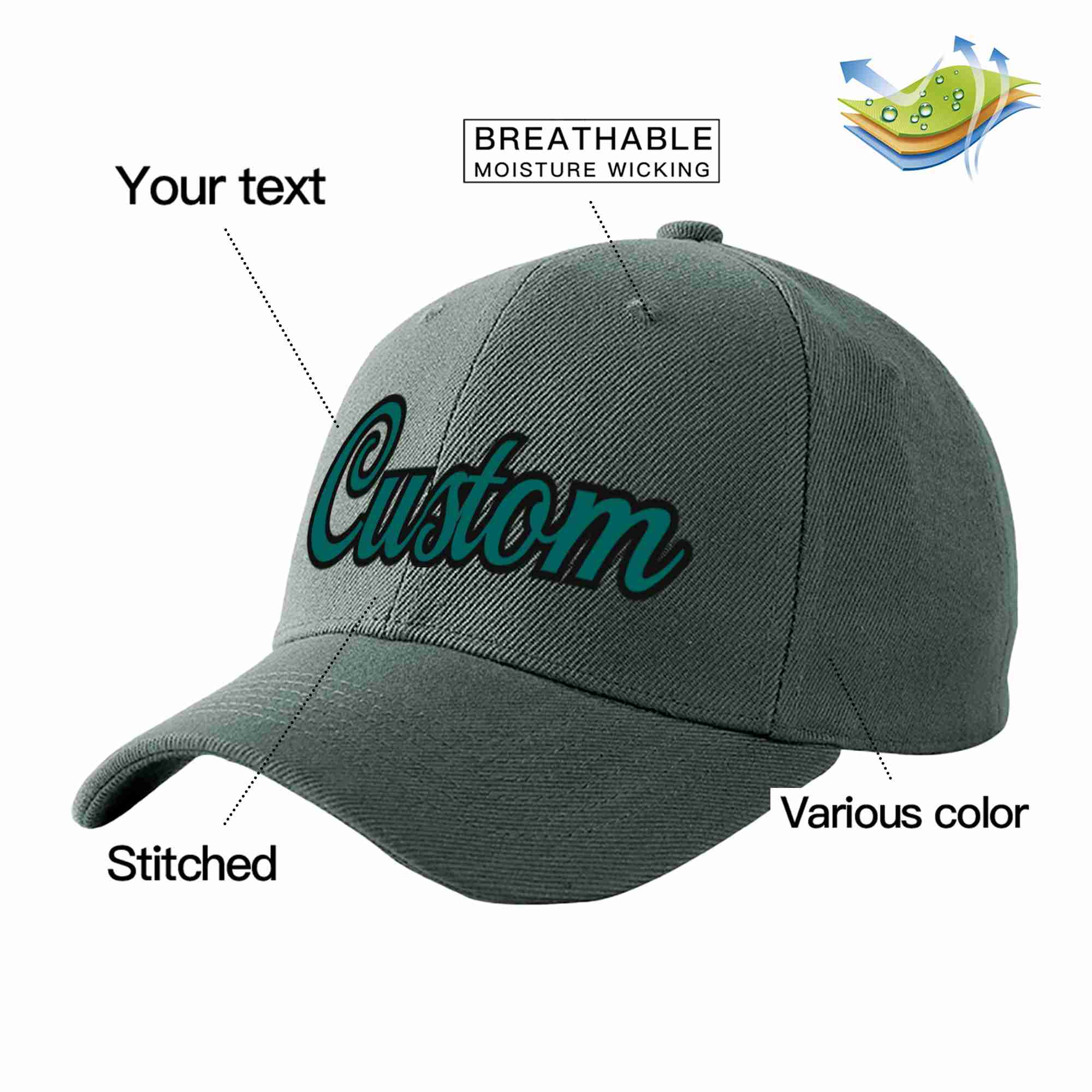 Casquette de baseball de sport incurvée gris foncé Aqua-noir personnalisée pour hommes/femmes/jeunes