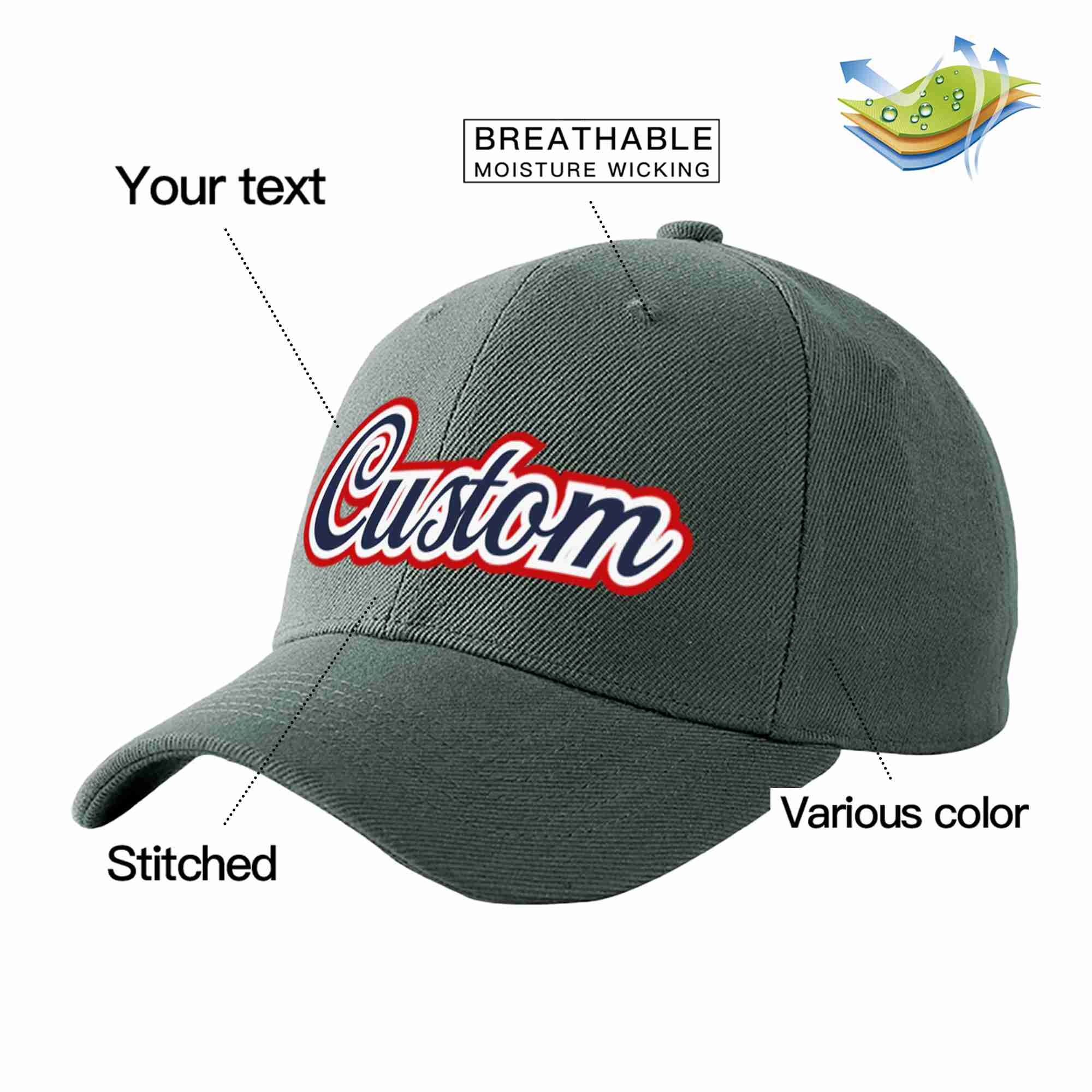 Custom Dark Gray Navy-White Curved Eaves Sport Baseball Cap Design for Men/Women/Youth