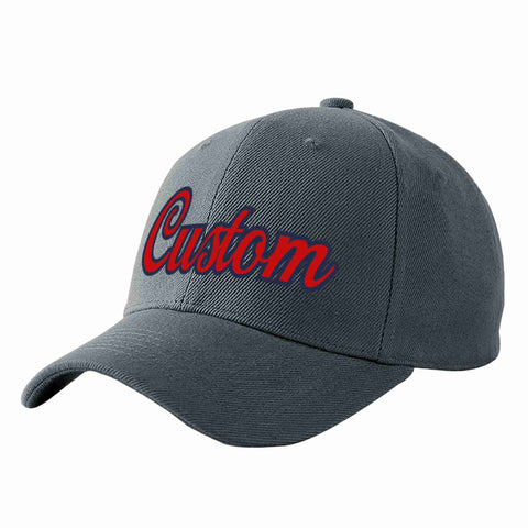 Custom Dark Gray Red-Navy Curved Eaves Sport Baseball Cap Design for Men/Women/Youth