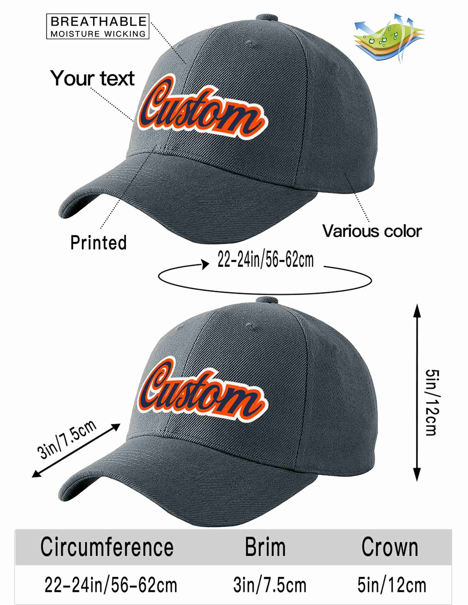 Conception personnalisée de casquette de baseball de sport incurvée gris foncé marine-orange pour hommes/femmes/jeunes