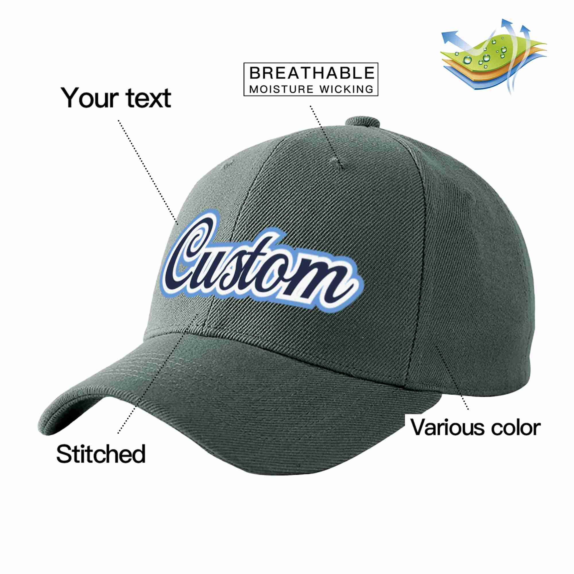 Conception personnalisée de casquette de baseball de sport incurvée gris foncé marine-blanc pour hommes/femmes/jeunes