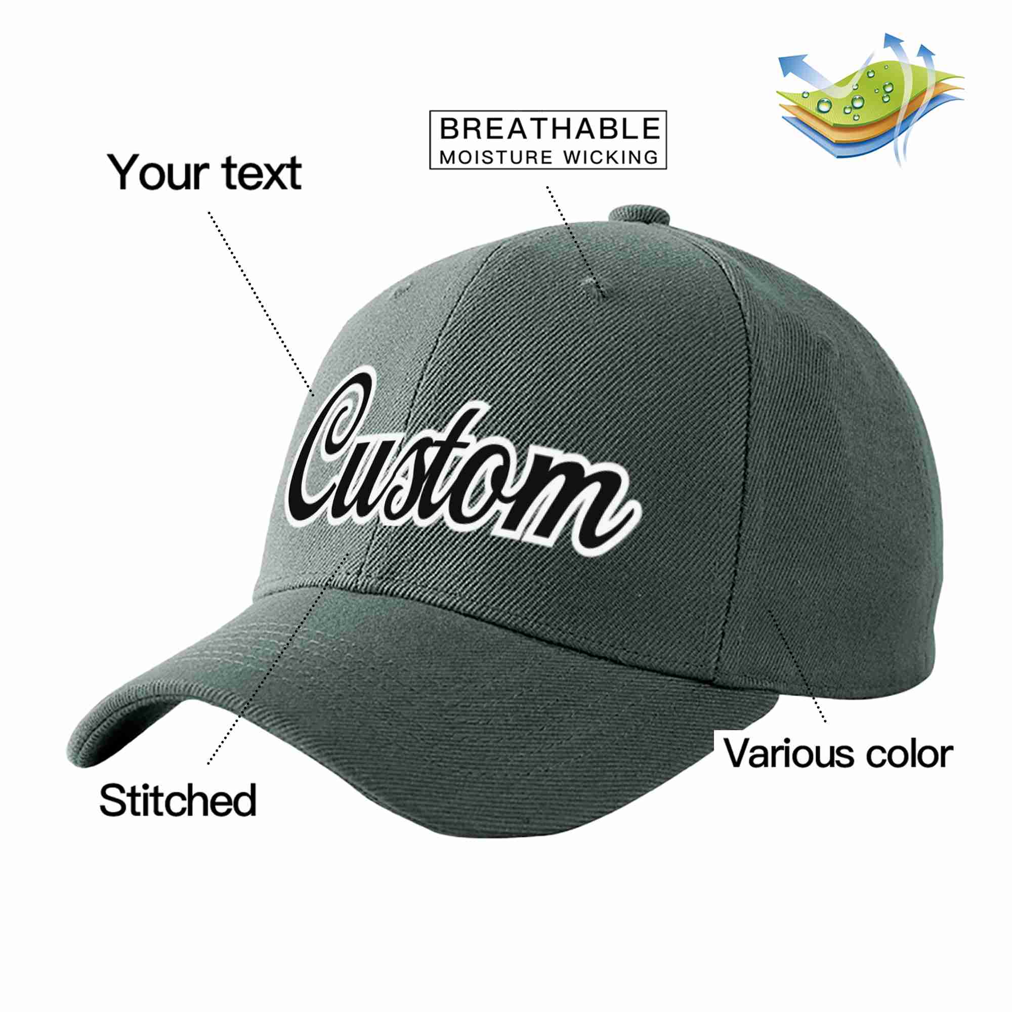 Custom Dark Gray Black-White Curved Eaves Sport Baseball Cap Design for Men/Women/Youth