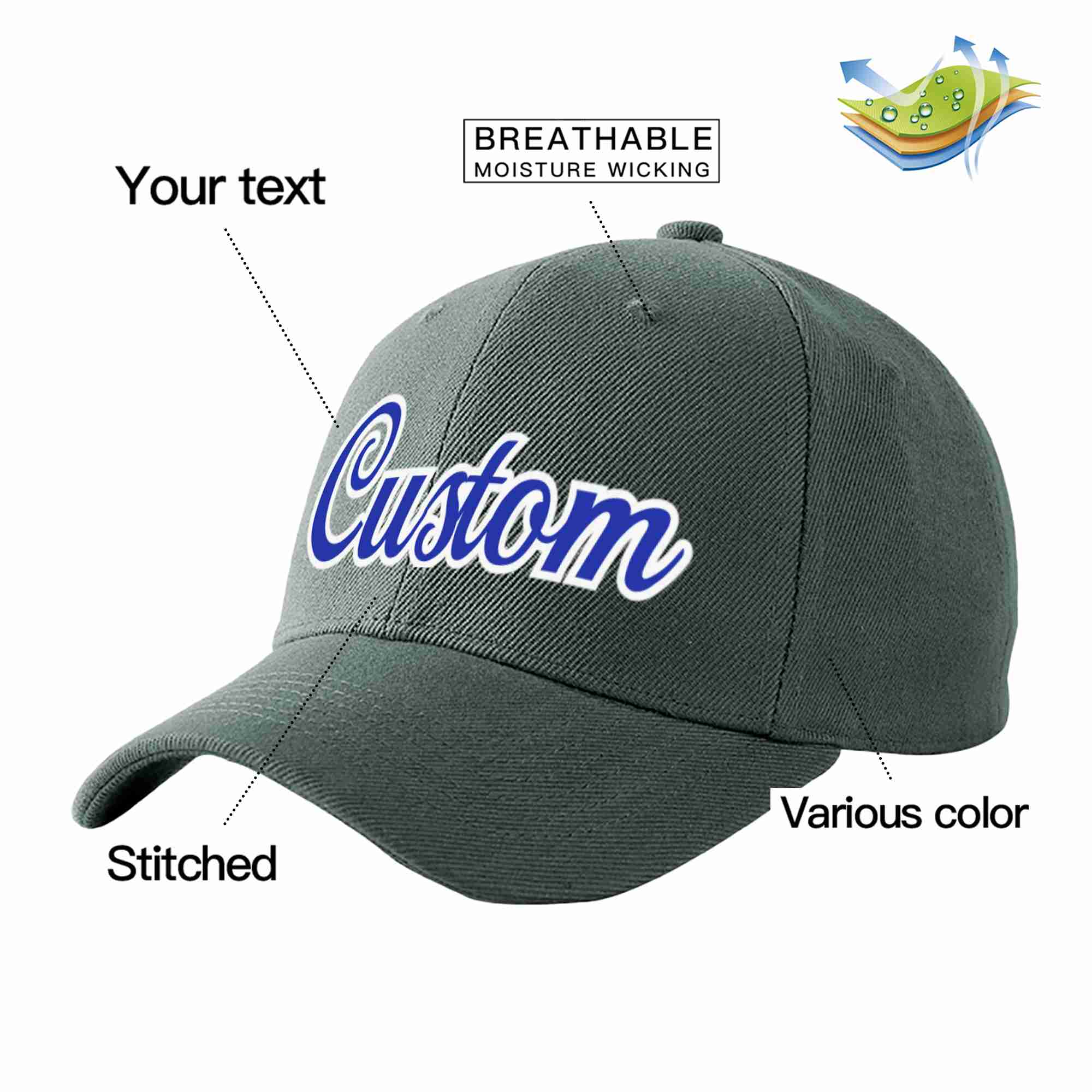 Custom Dark Gray Royal-White Curved Eaves Sport Baseball Cap Design for Men/Women/Youth