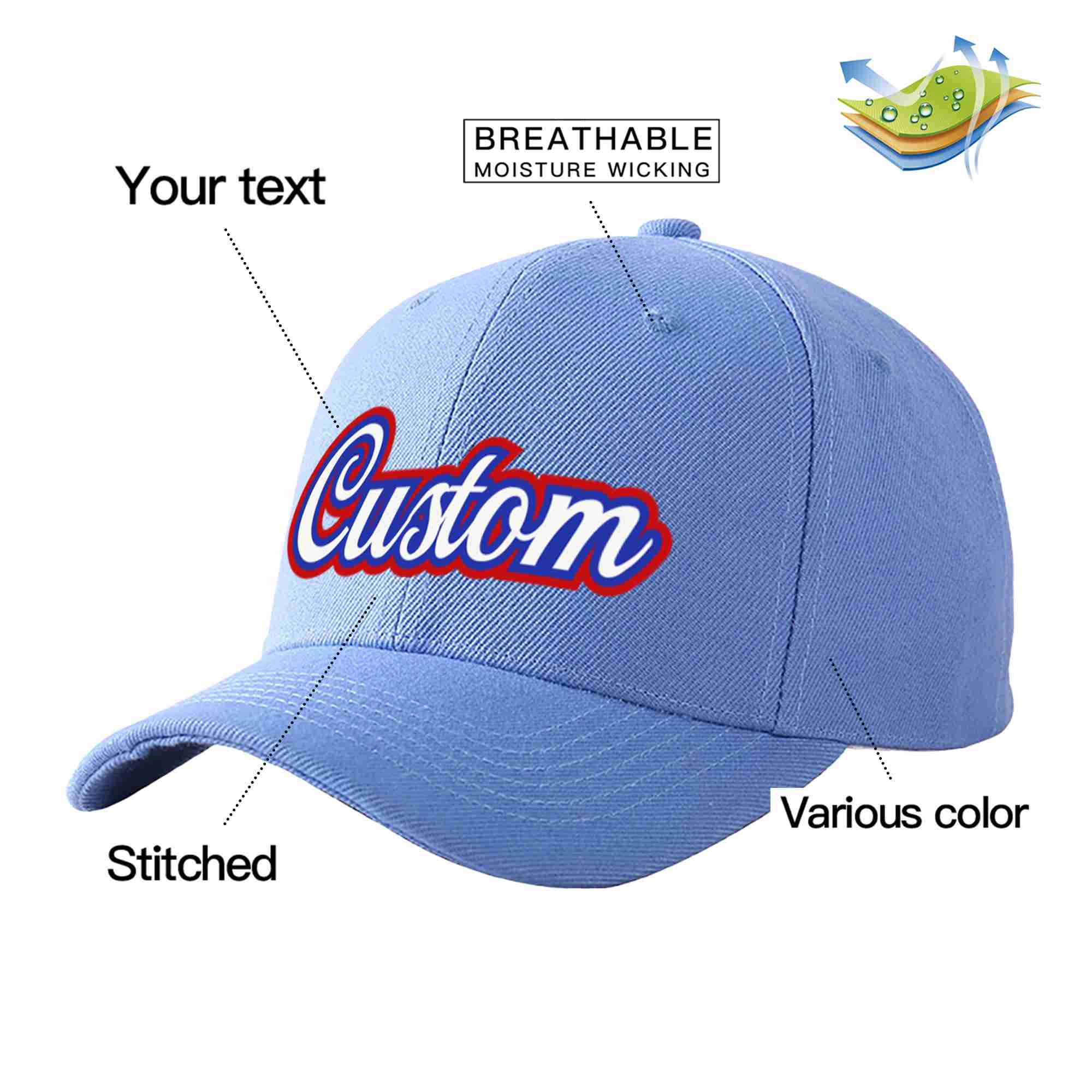 Custom Sky Blue White-Royal Curved Eaves Sport Baseball Cap Design for Men/Women/Youth