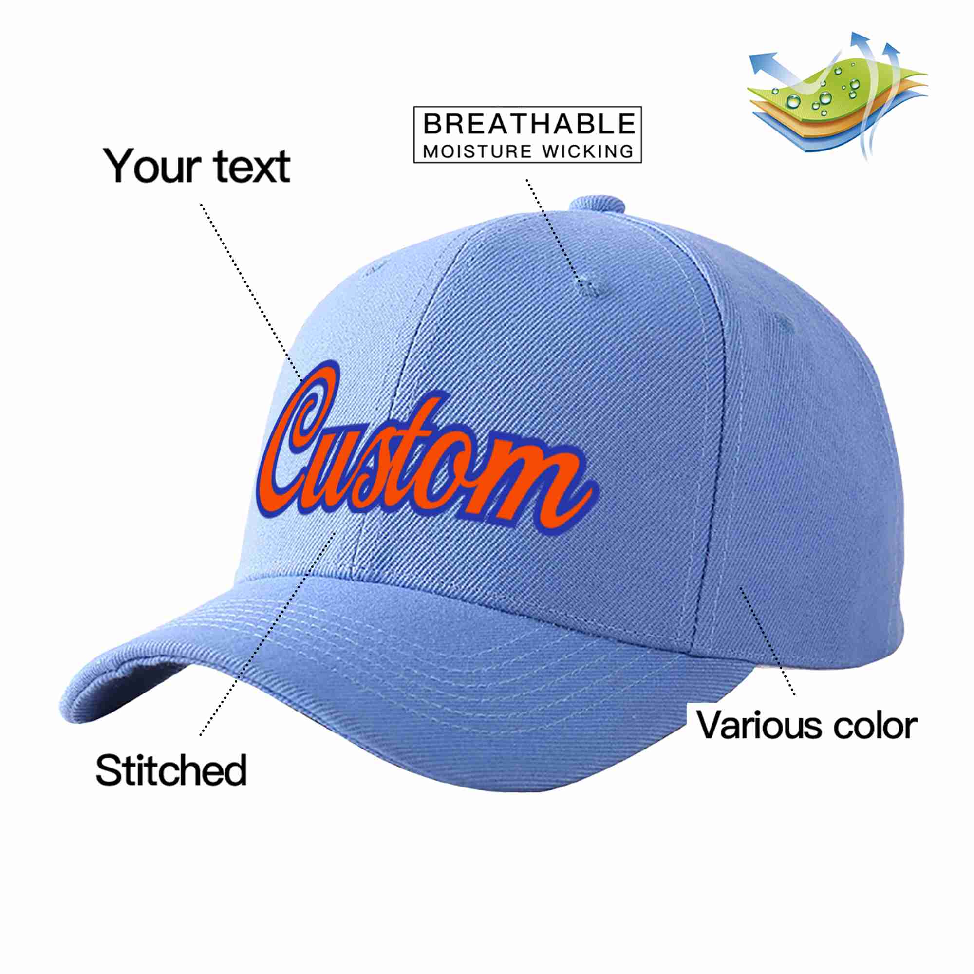 Custom Sky Blue Orange-Royal Curved Eaves Sport Baseball Cap Design for Men/Women/Youth