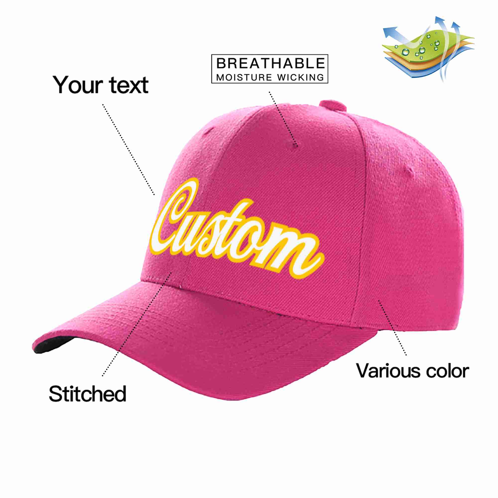 Conception personnalisée de casquette de baseball incurvée Eaves Sport Rose rouge blanc-or pour hommes/femmes/jeunes