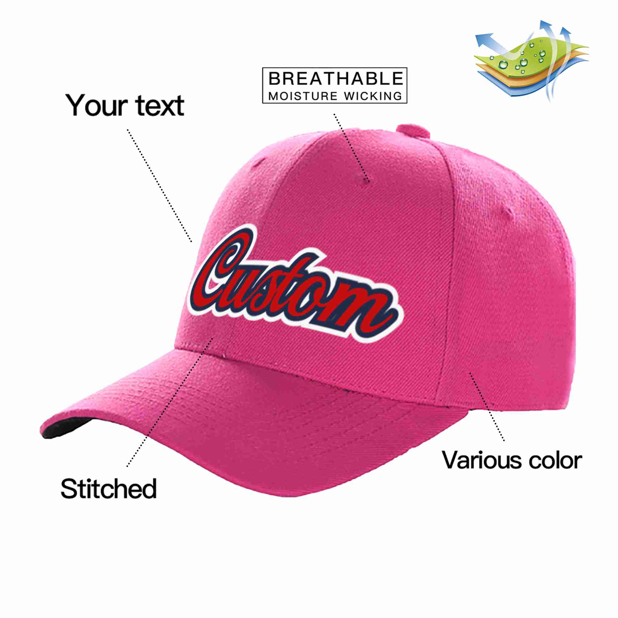 Conception personnalisée de casquette de baseball de sport à avant-toit incurvé rouge-marine rouge rose pour hommes/femmes/jeunes