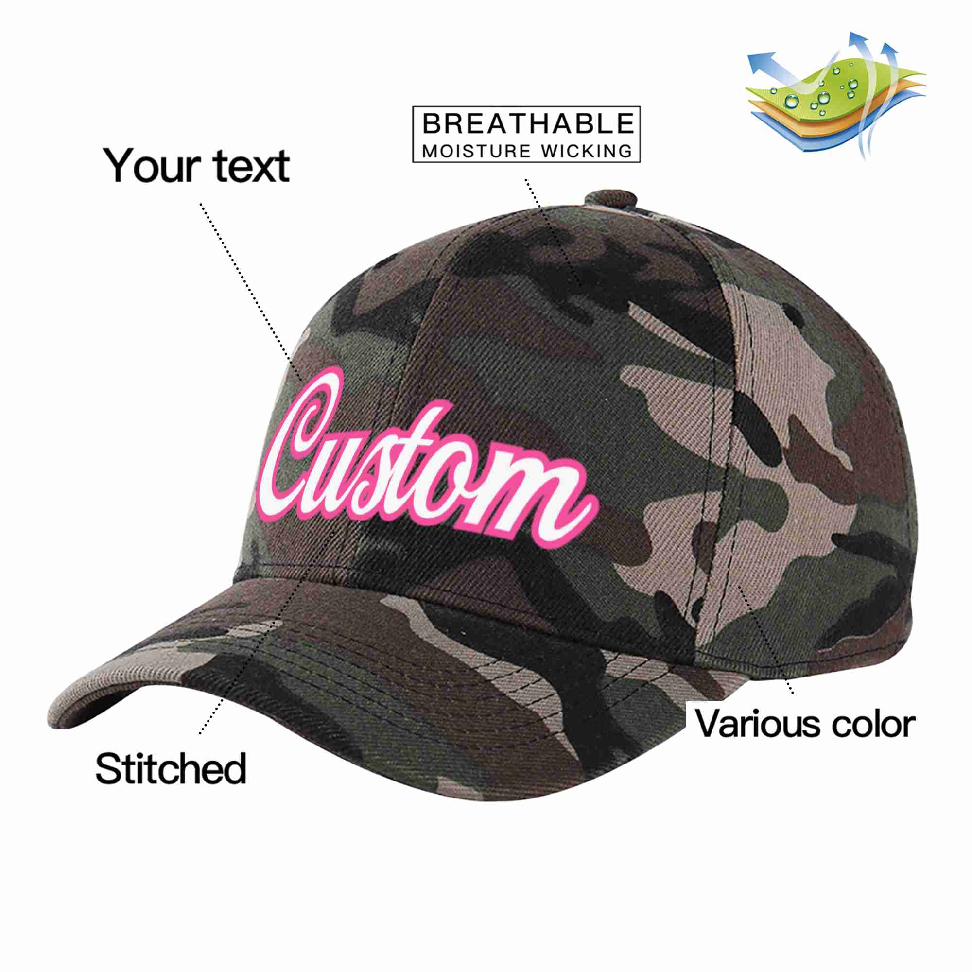 Conception de casquette de baseball de sport à avant-toit incurvé blanc-rose camouflage personnalisé pour hommes/femmes/jeunes