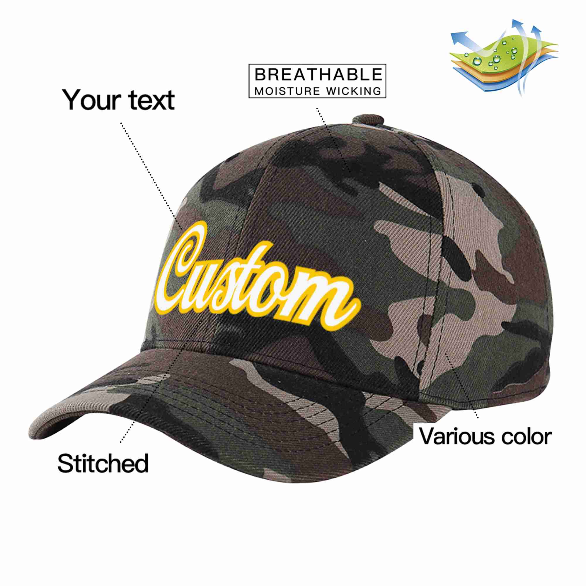 Conception personnalisée de casquette de baseball de sport à Eaves incurvées en or blanc et camouflage pour hommes/femmes/jeunes