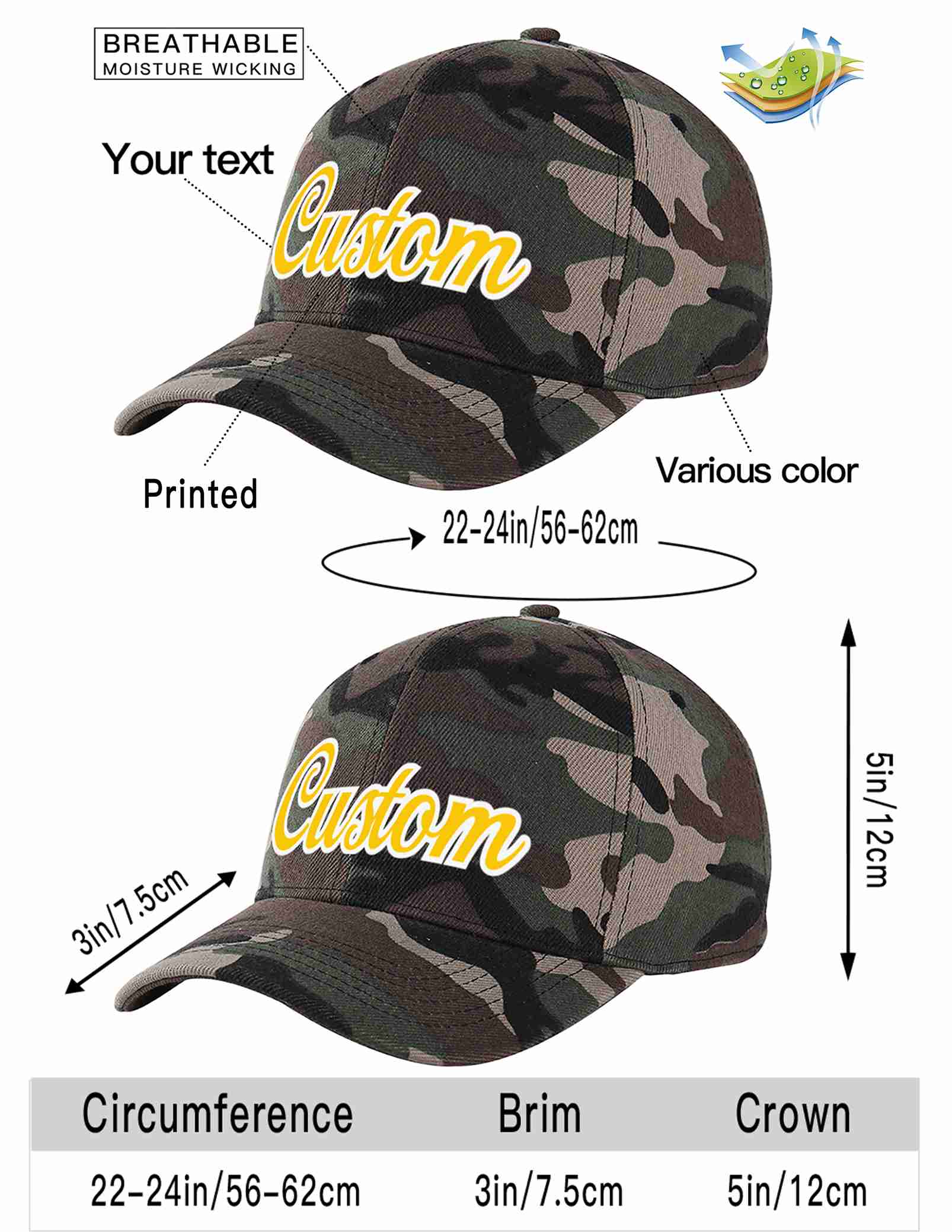 Conception personnalisée de casquette de baseball de sport à avant-toit incurvé or-blanc camouflage pour hommes/femmes/jeunes