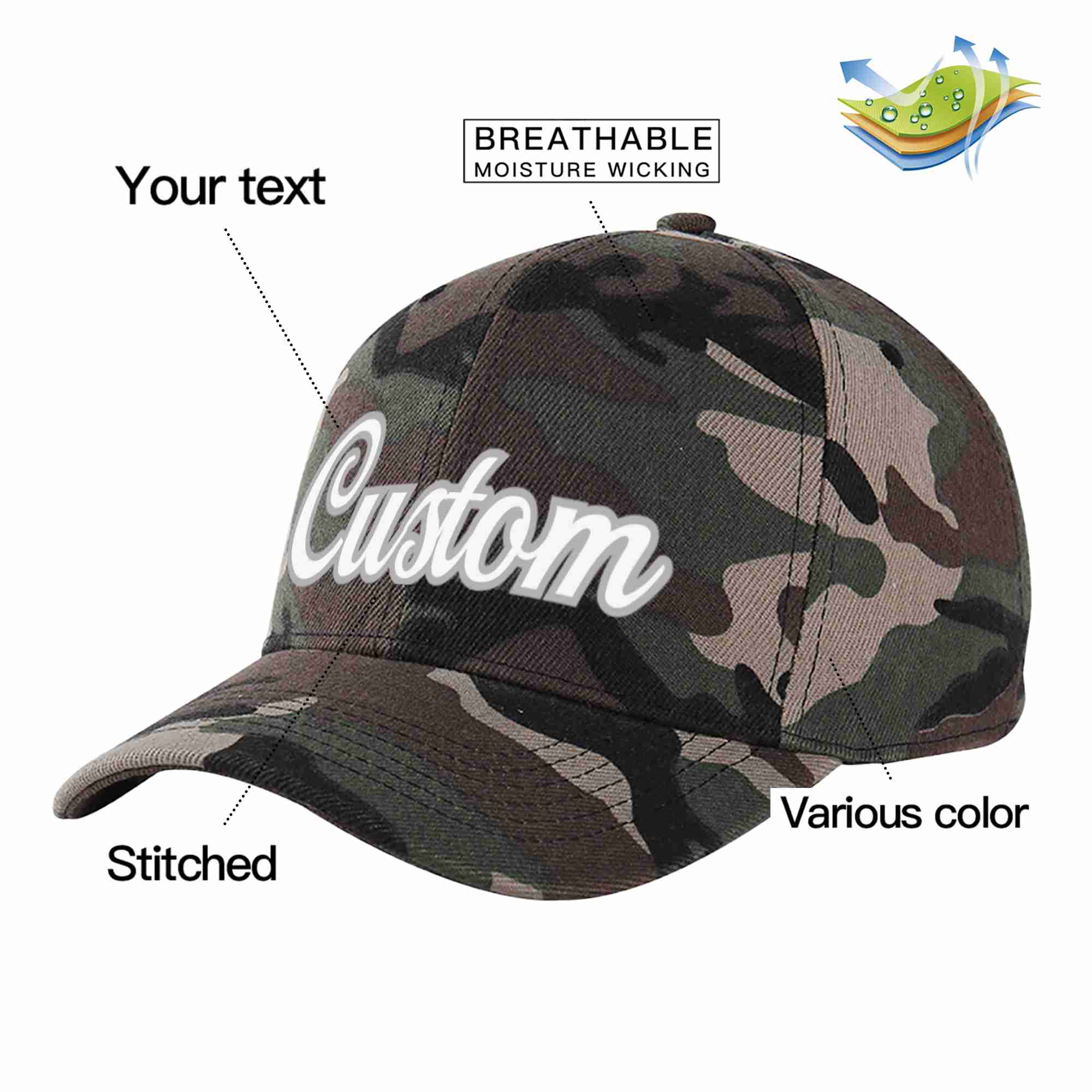 Custom Camo White-Gray Curved Eaves Sport Baseball Cap Design for Men/Women/Youth