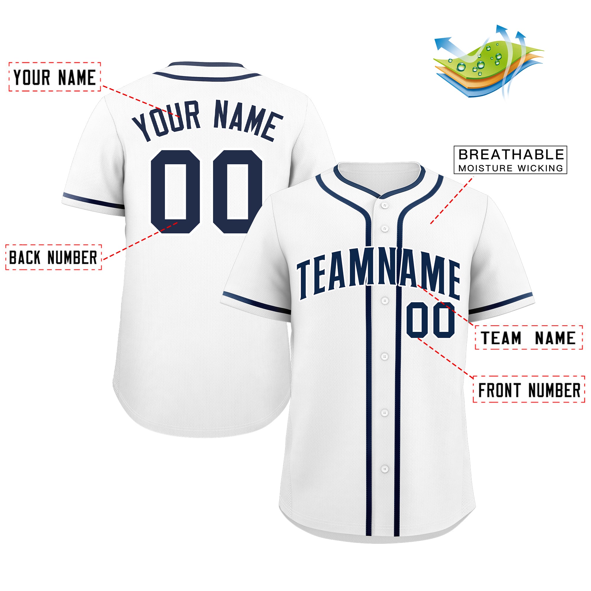 Maillot de baseball authentique de style classique blanc marine personnalisé