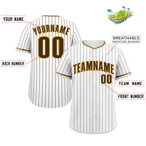 Custom White Brown-Gold Stripe Fashion Authentic Baseball Jersey