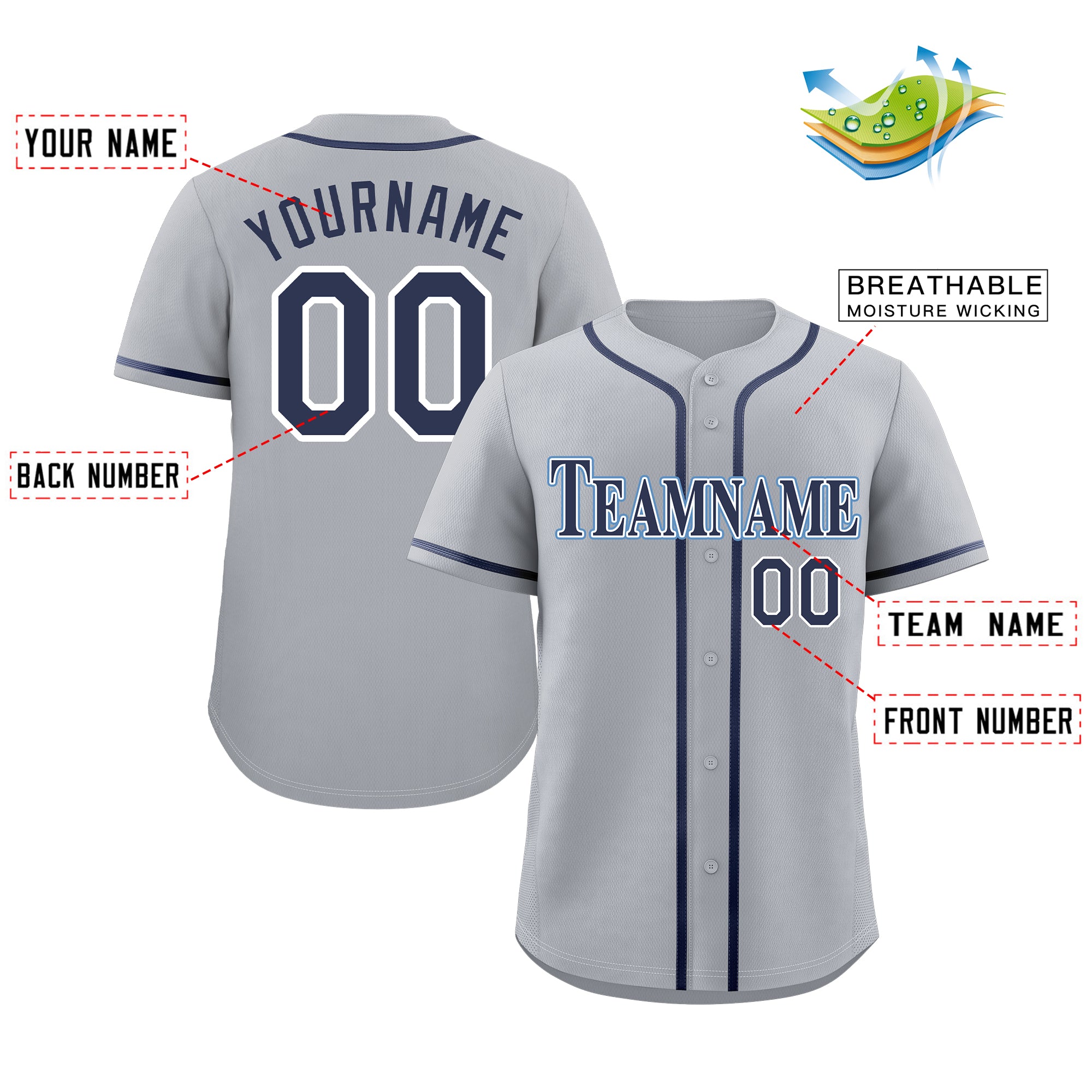 Maillot de baseball authentique de style classique gris marine-bleu poudre personnalisé