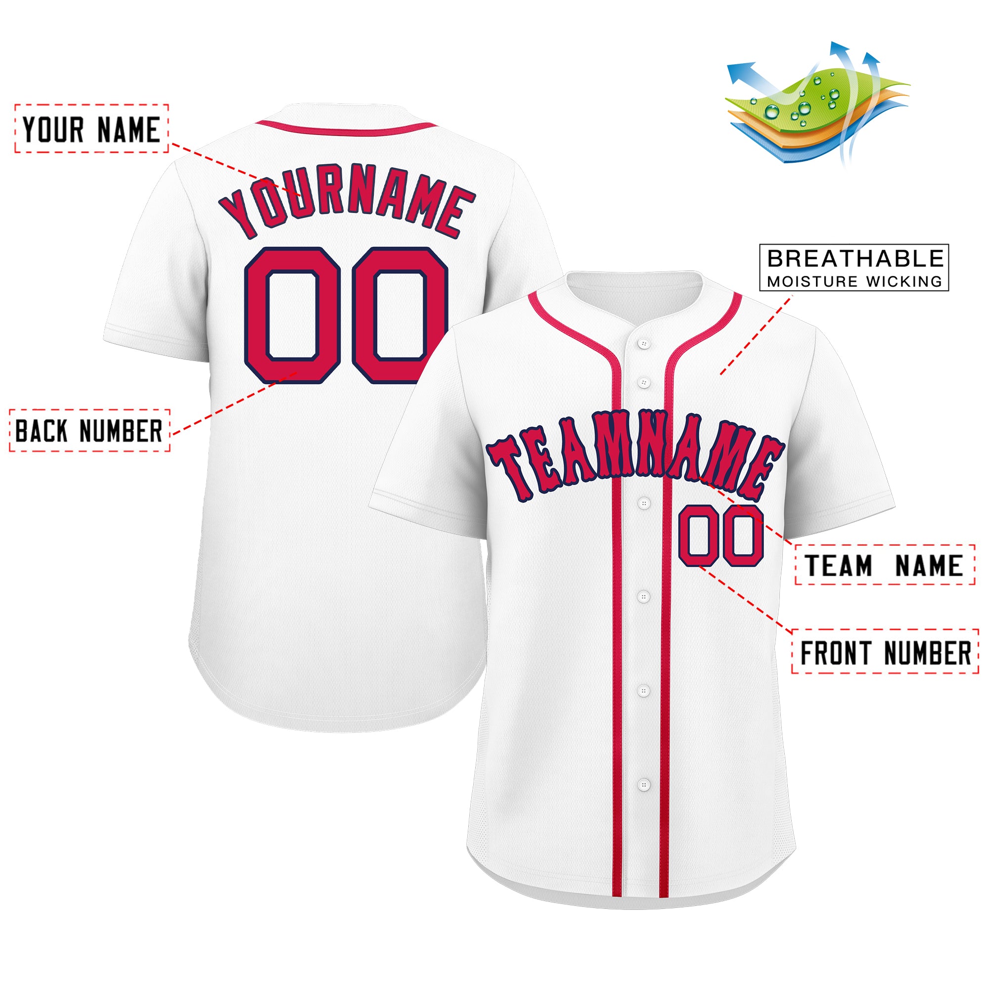 Maillot de baseball authentique de style classique blanc rouge-marine personnalisé