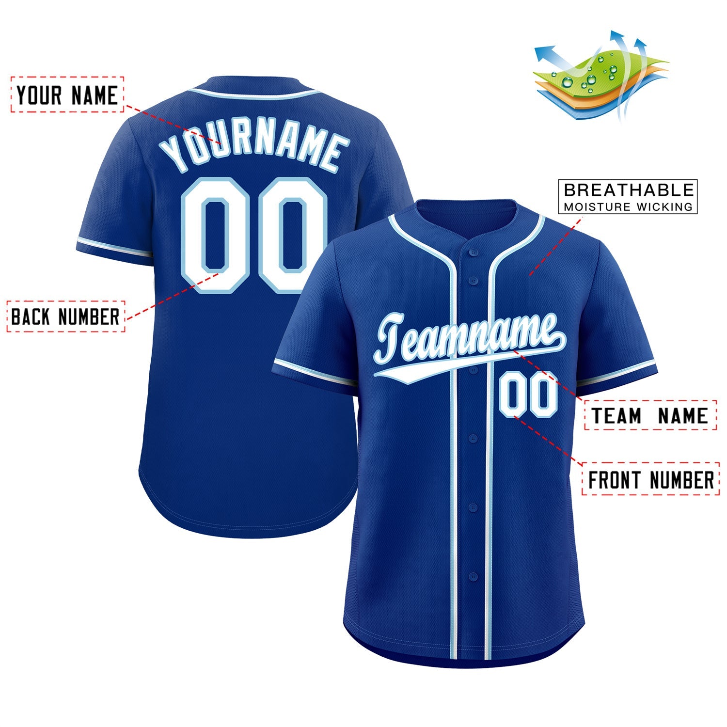 Maillot de baseball authentique de style classique Royal blanc-bleu clair personnalisé