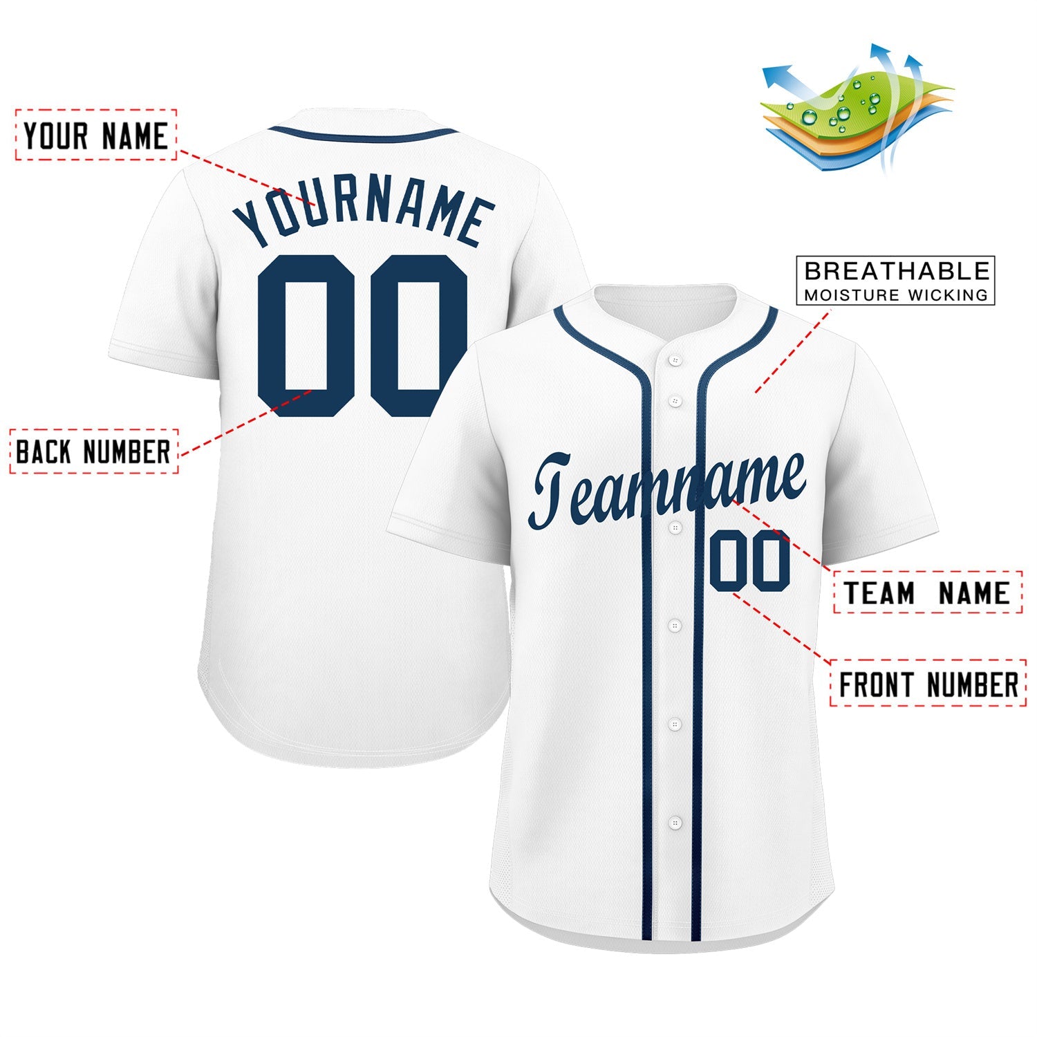 Maillot de baseball authentique de style classique blanc marine personnalisé