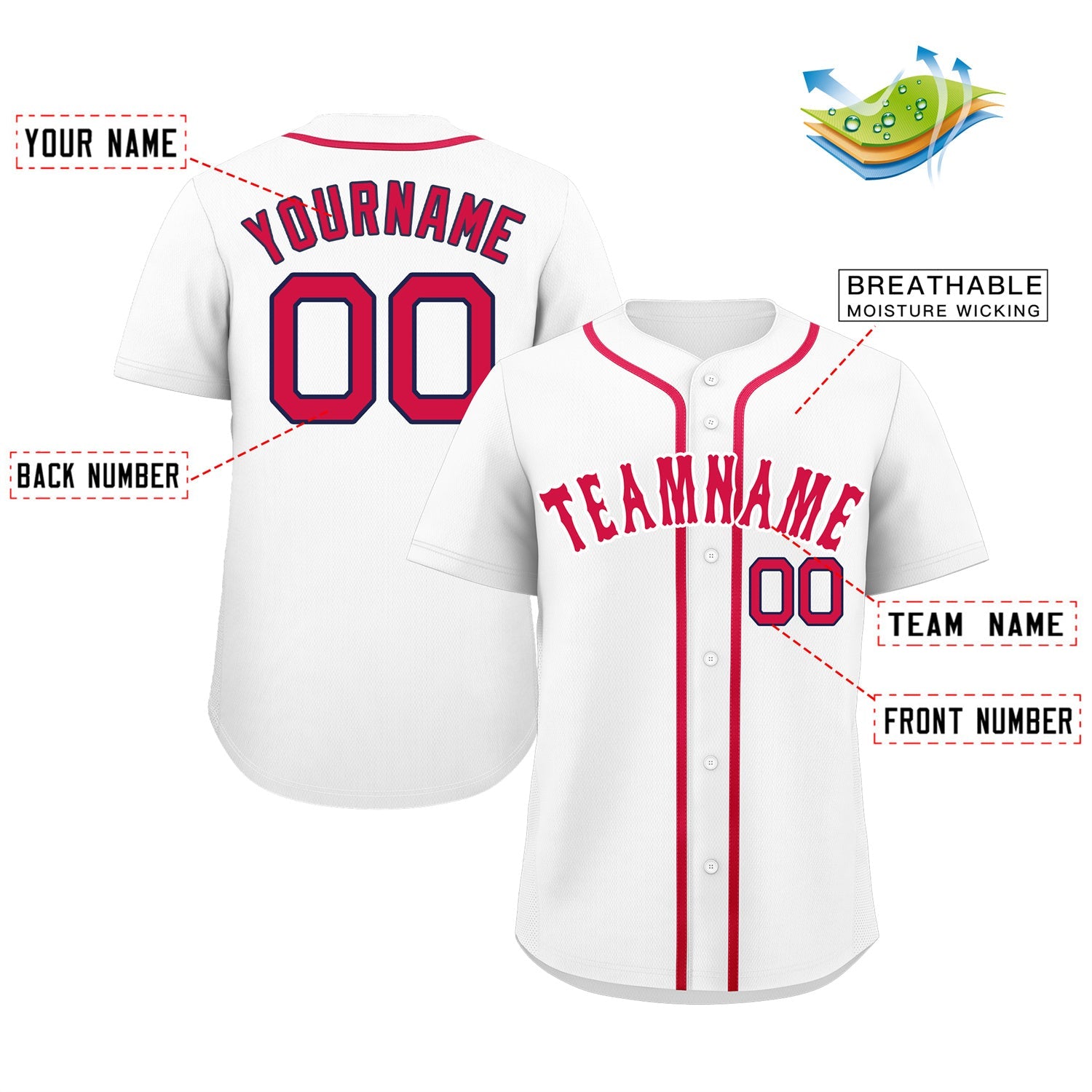 Maillot de baseball authentique de style classique blanc rouge-marine personnalisé