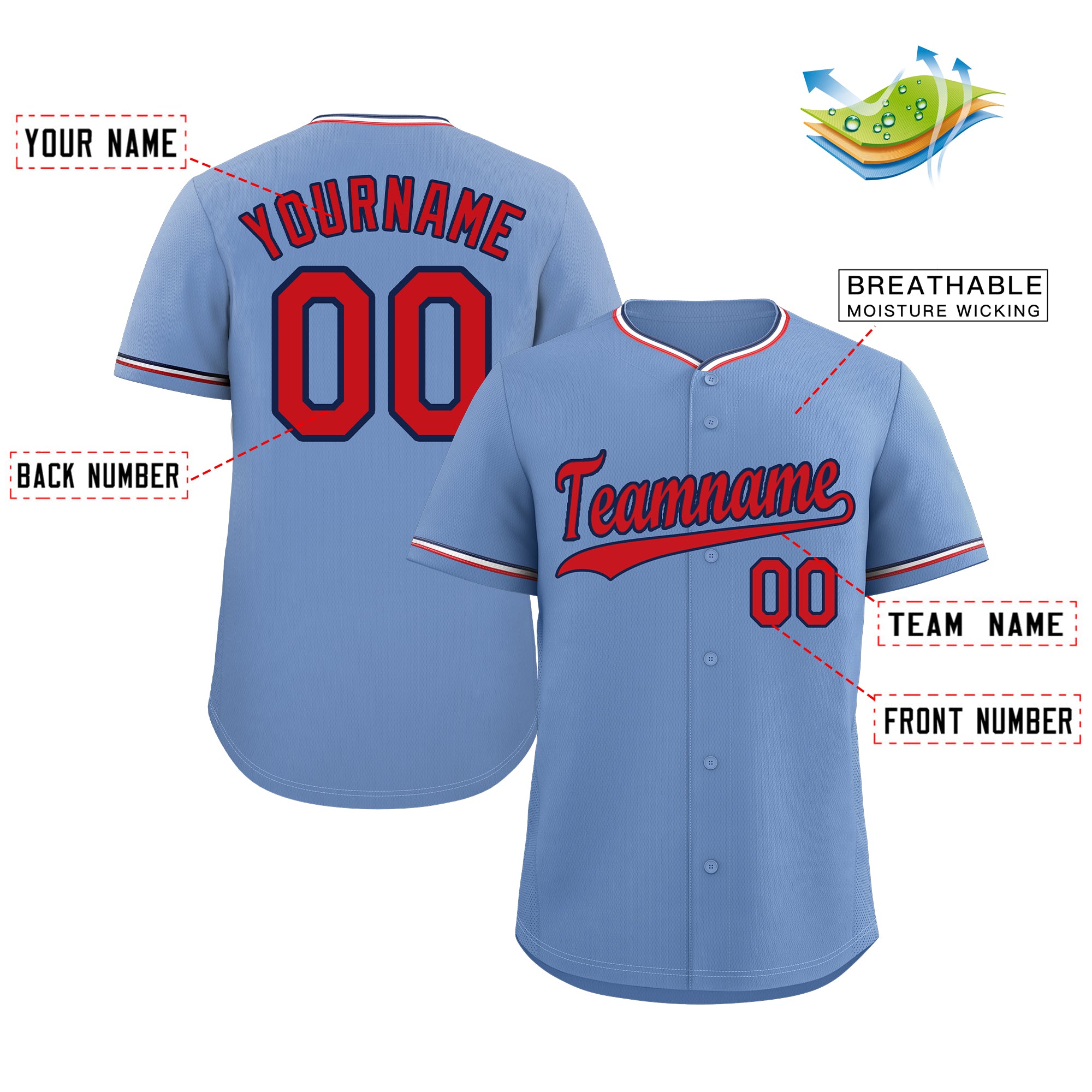 Custom Light Blue Red-Navy Classic Style Authentic Baseball Jersey