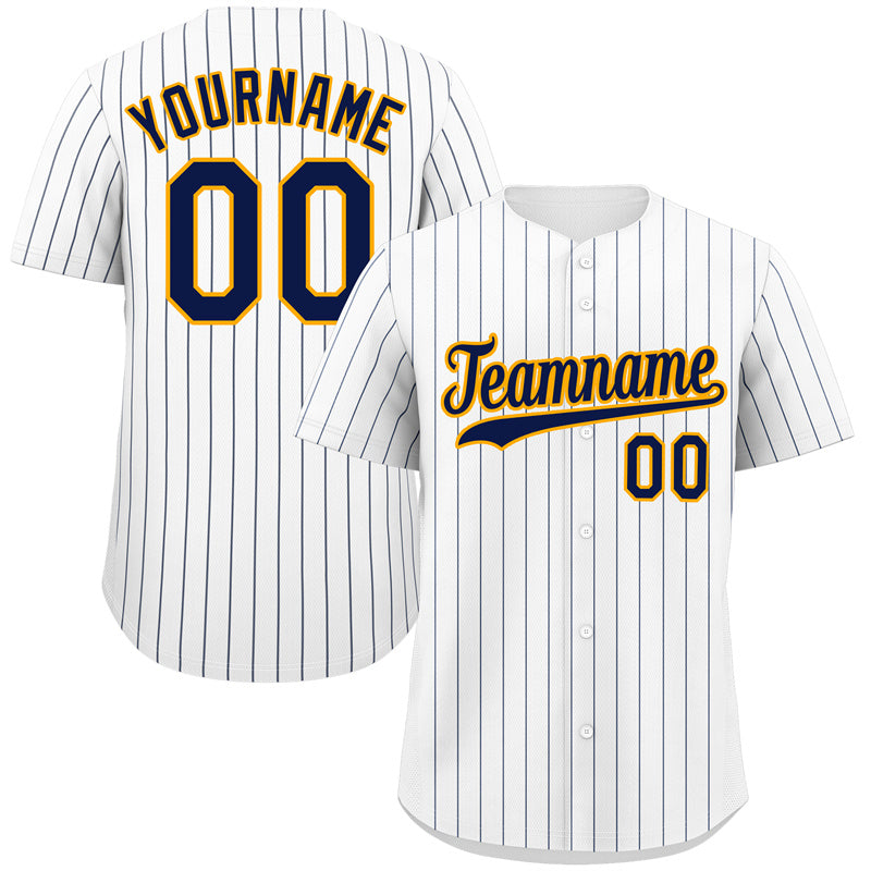 Custom White Navy-Gold Stripe Fashion Authentic Baseball Jersey