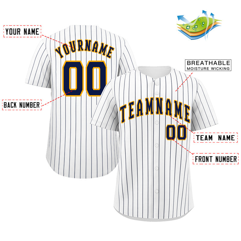 Custom White Navy-Gold Bull Stripe Fashion Authentic Baseball Jersey