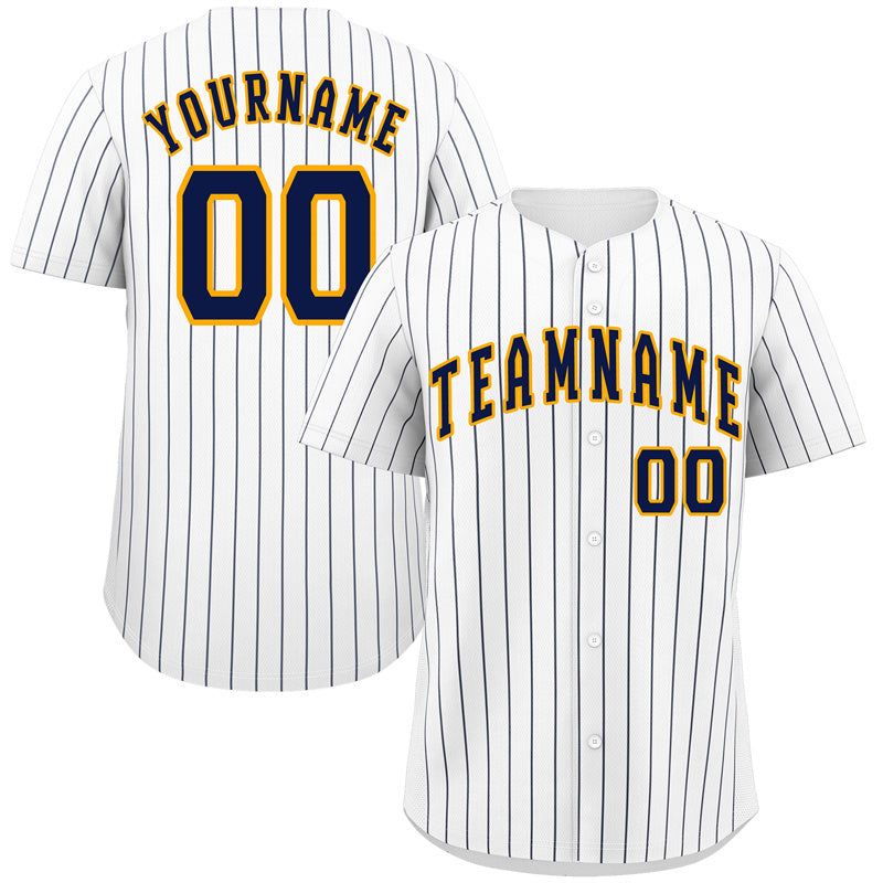 Custom White Navy-Gold Bull Stripe Fashion Authentic Baseball Jersey