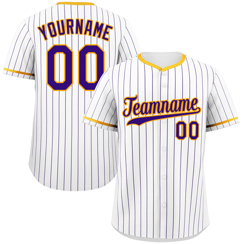 Maillot de baseball personnalisé à rayures avec crochet, blanc, violet et or, à la mode, authentique