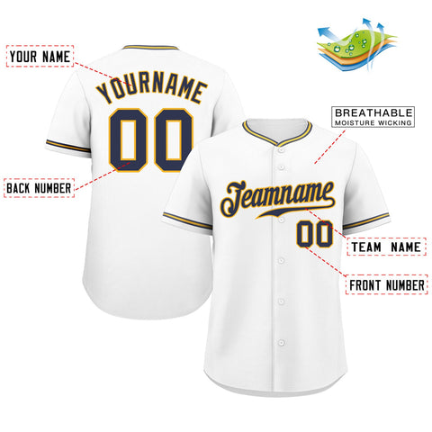 Custom White Navy-Gold Classic Style Authentic Baseball Jersey