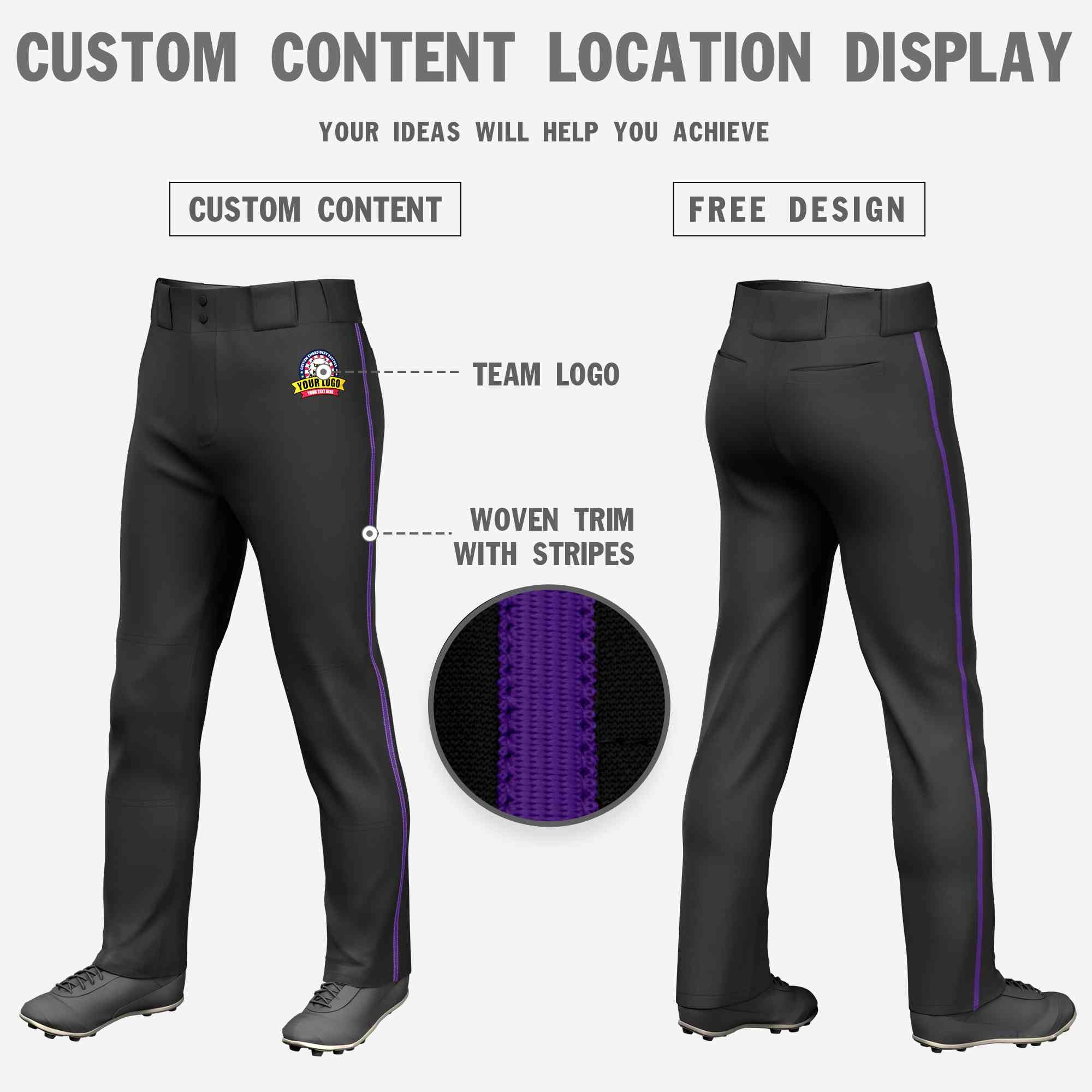 Custom Black Purple Classic Fit Stretch Practice Loose-fit Baseball Pants