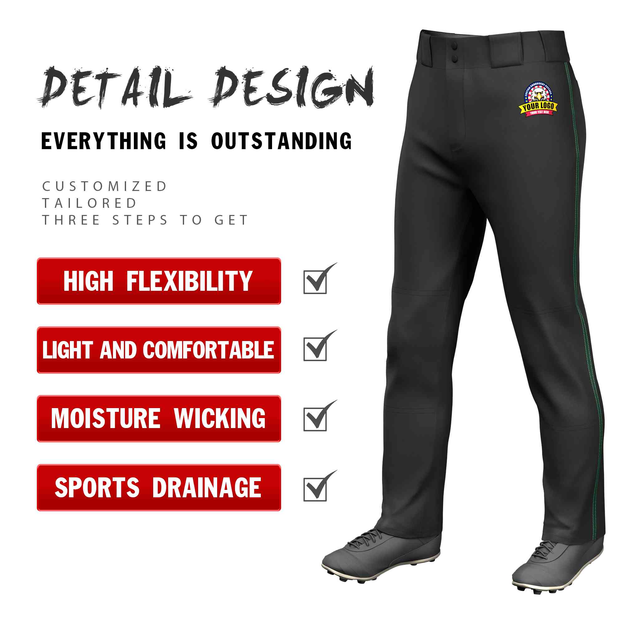 Custom Black Green Classic Fit Stretch Practice Loose-fit Baseball Pants