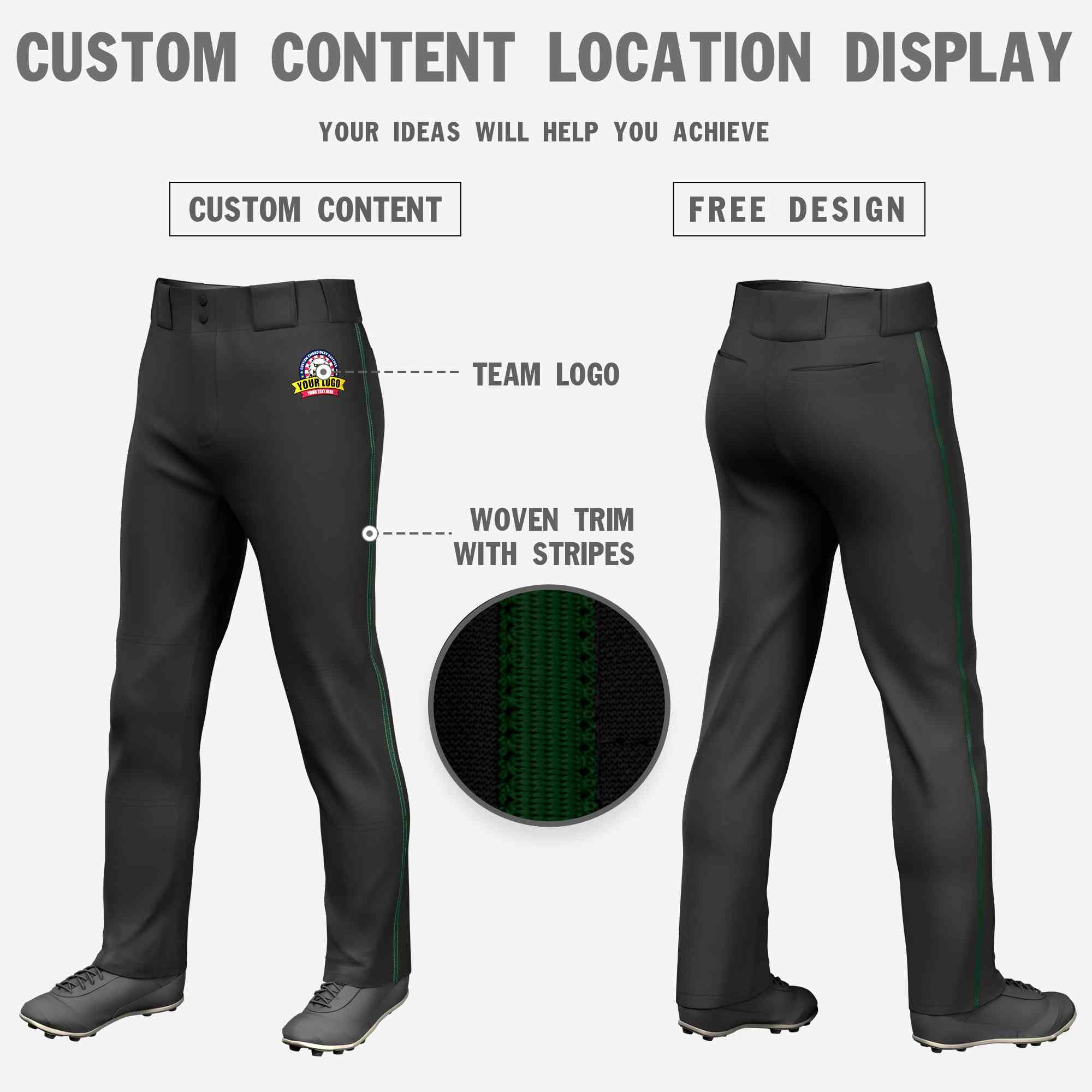 Custom Black Green Classic Fit Stretch Practice Loose-fit Baseball Pants