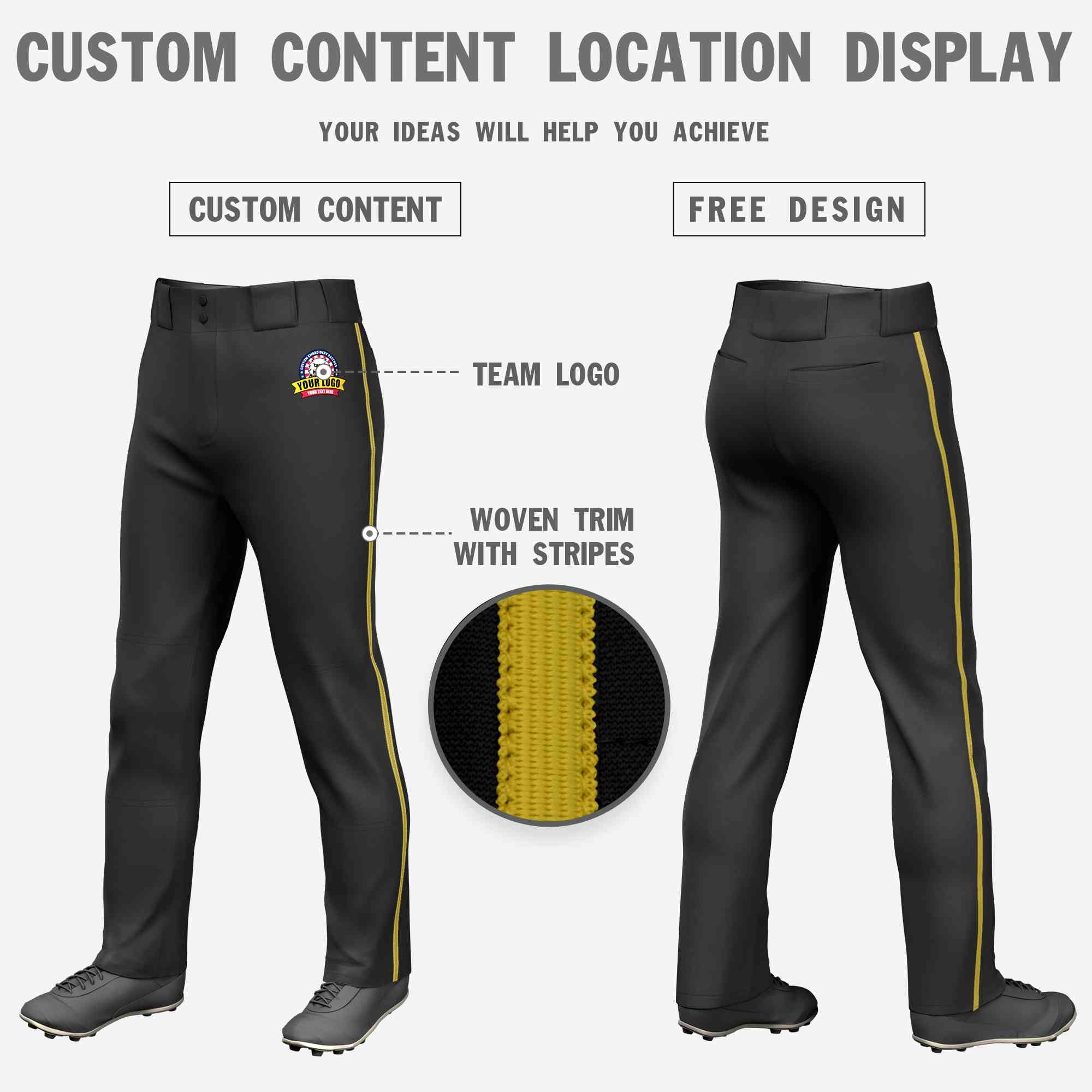 Custom Black Old Gold Classic Fit Stretch Practice Loose-fit Baseball Pants