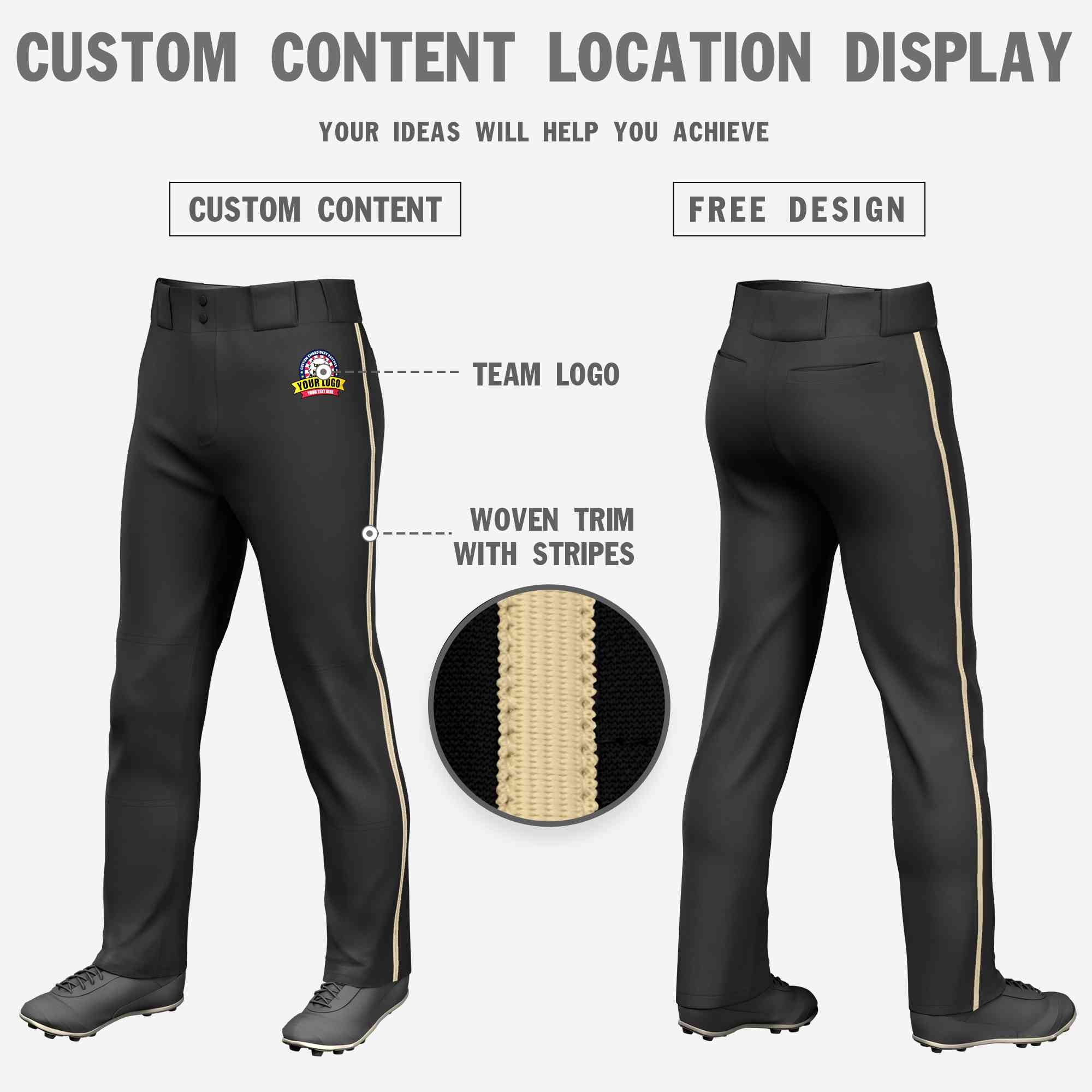 Custom Black Khaki Classic Fit Stretch Practice Loose-fit Baseball Pants