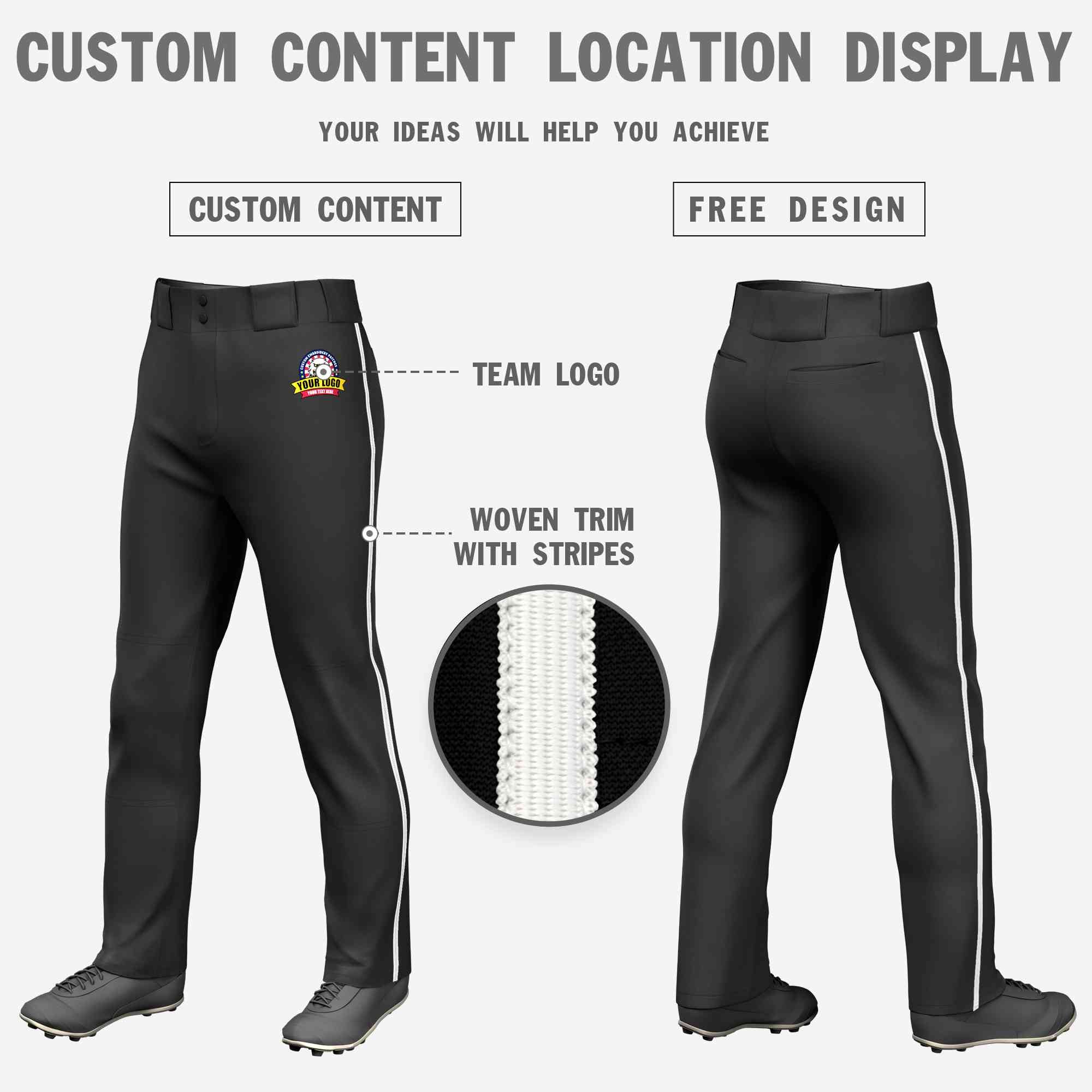 Custom Black White Classic Fit Stretch Practice Loose-fit Baseball Pants