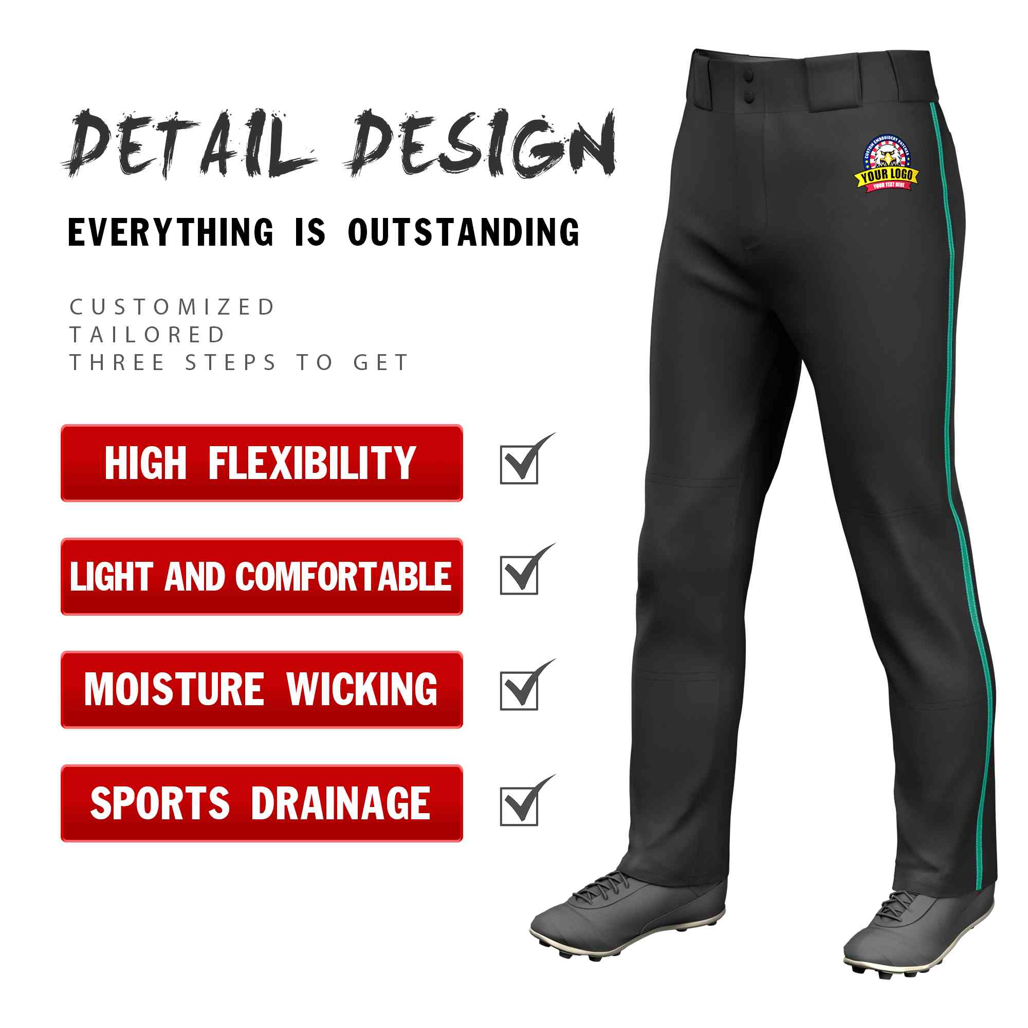 Custom Black Teal Classic Fit Stretch Practice Loose-fit Baseball Pants